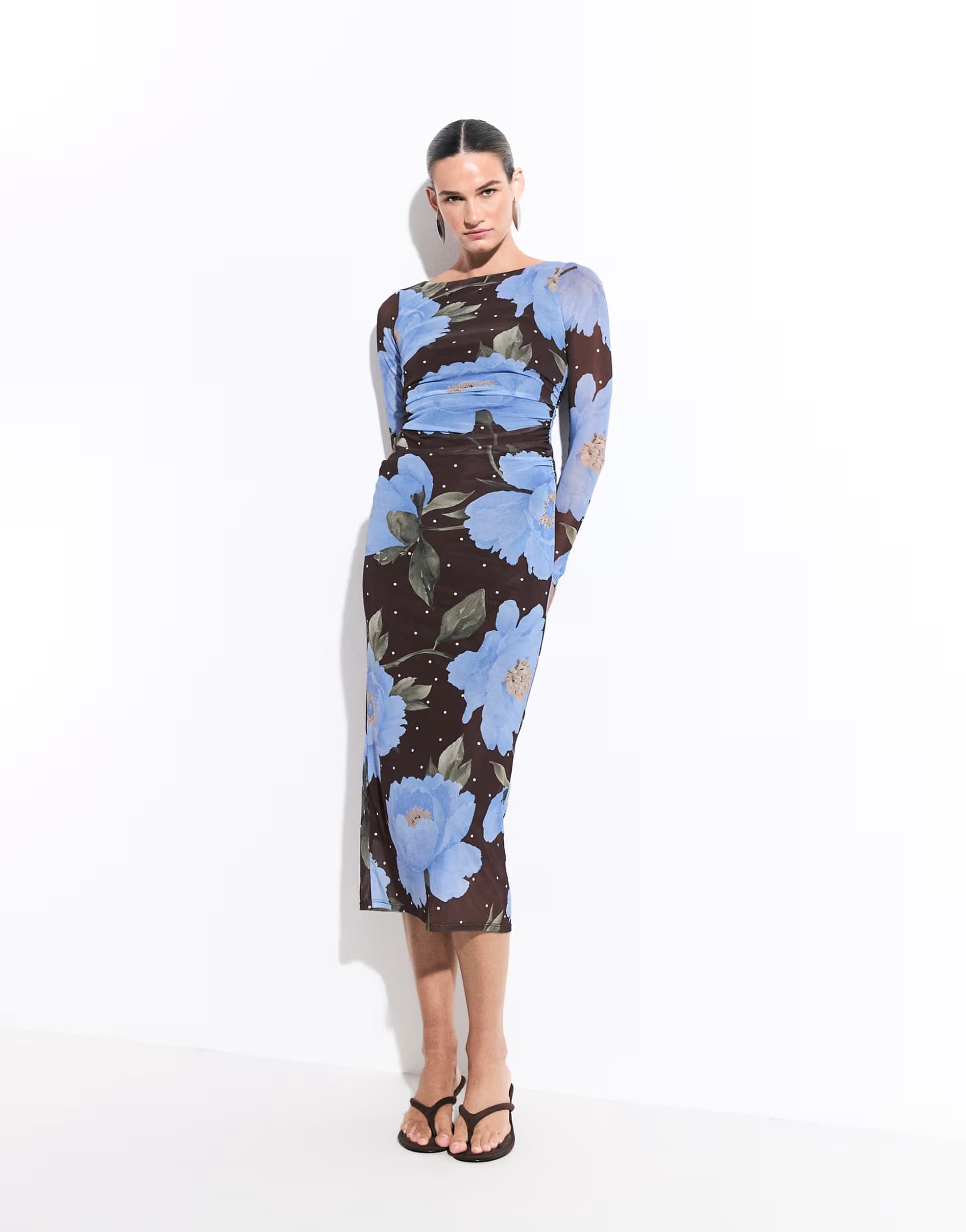 ASOS New Look polka dot floral mesh midi dress in blue & brown