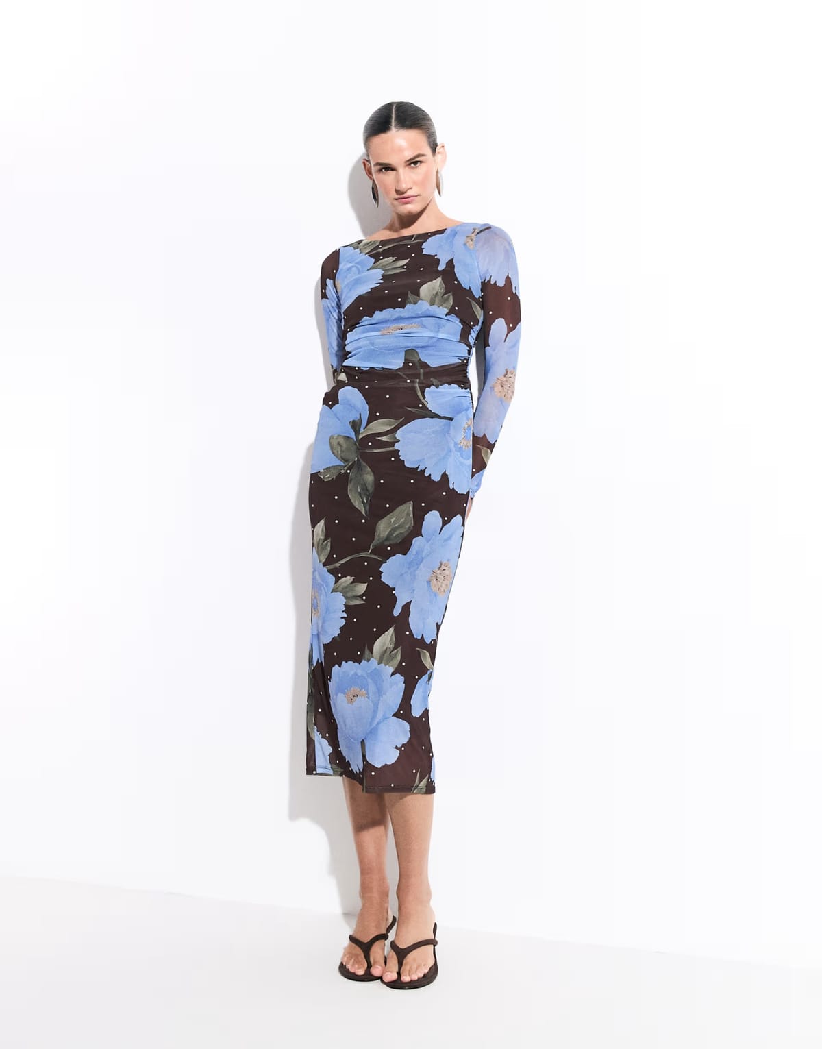ASOS New Look polka dot floral mesh midi dress in blue & brown - 1