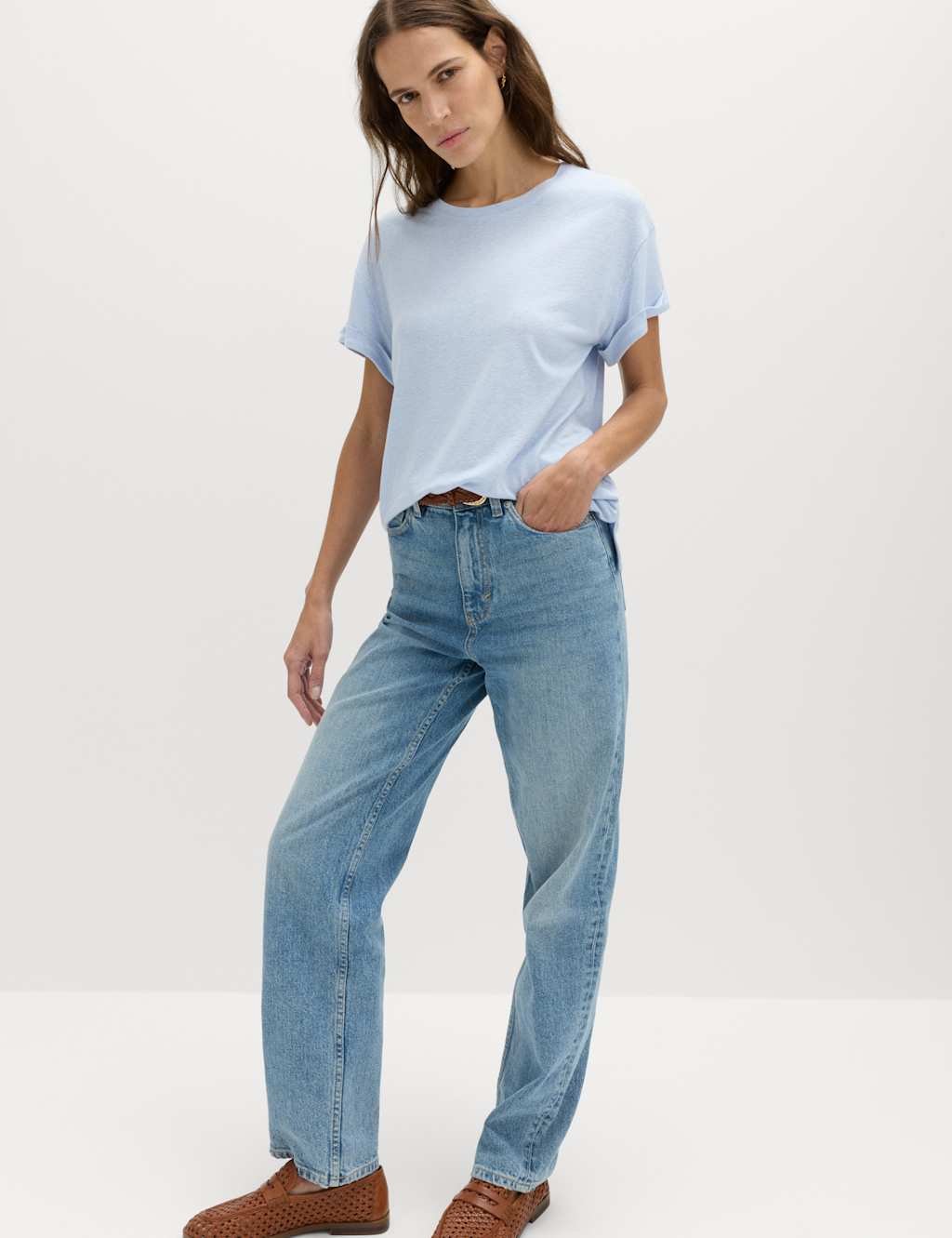 Marks & Spencer M&S Linen Blend T-Shirt Faded Blue - 3