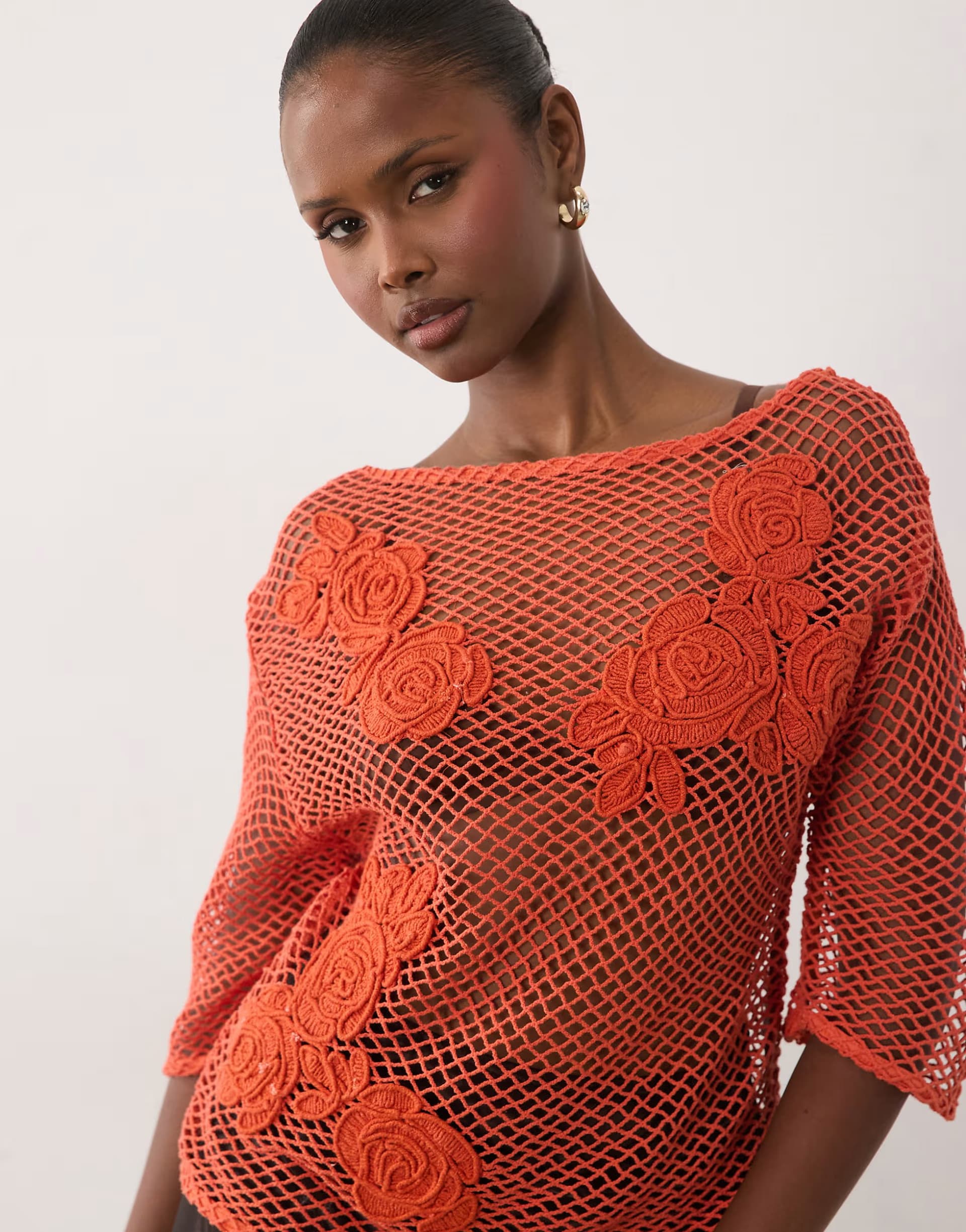 ASOS ASOS Crochet Boxy Tee With Floral Motifs In Coral
