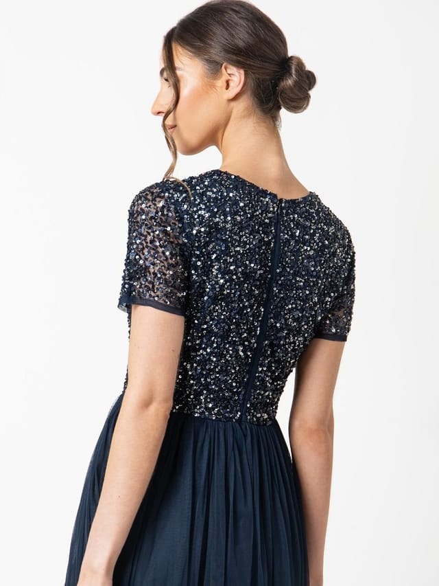Maya Deluxe Maya Deluxe Women's Short Sleeve V Neck Embellished Midi Dress in Dark Navy - 2