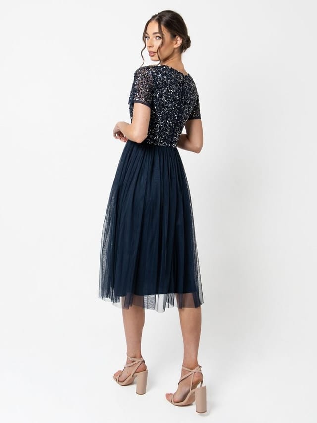 Maya Deluxe Maya Deluxe Women's Short Sleeve V Neck Embellished Midi Dress in Dark Navy - 3