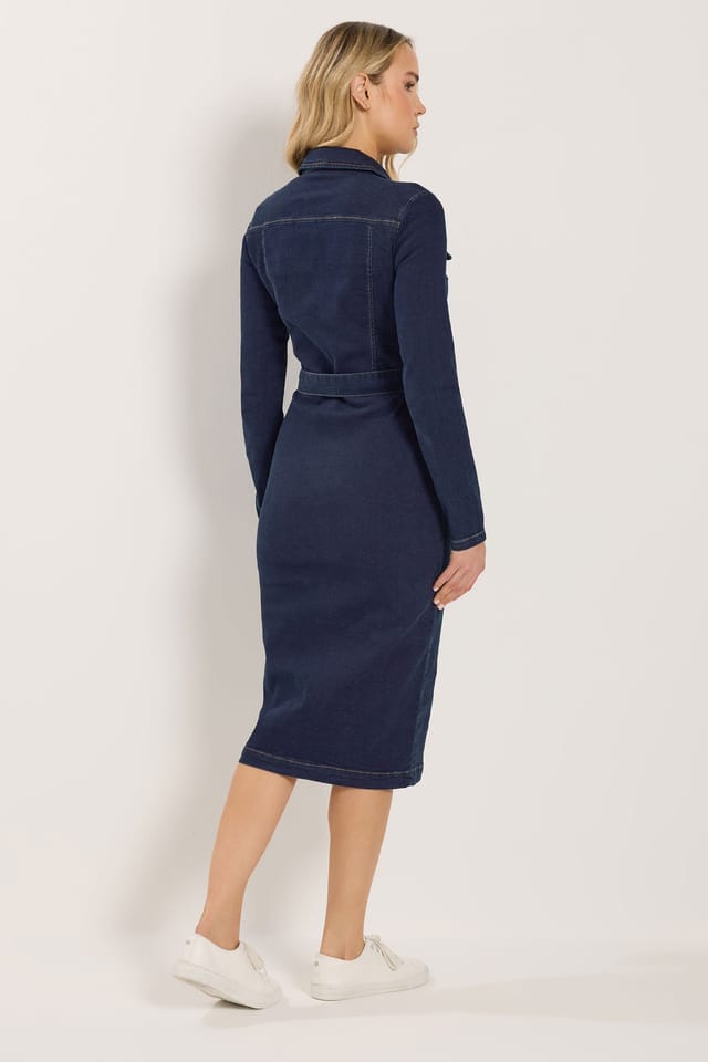 Long Tall Sally Long Tall Sally Women's Tall Zip Denim Midi Dress in Dark Blue - 3
