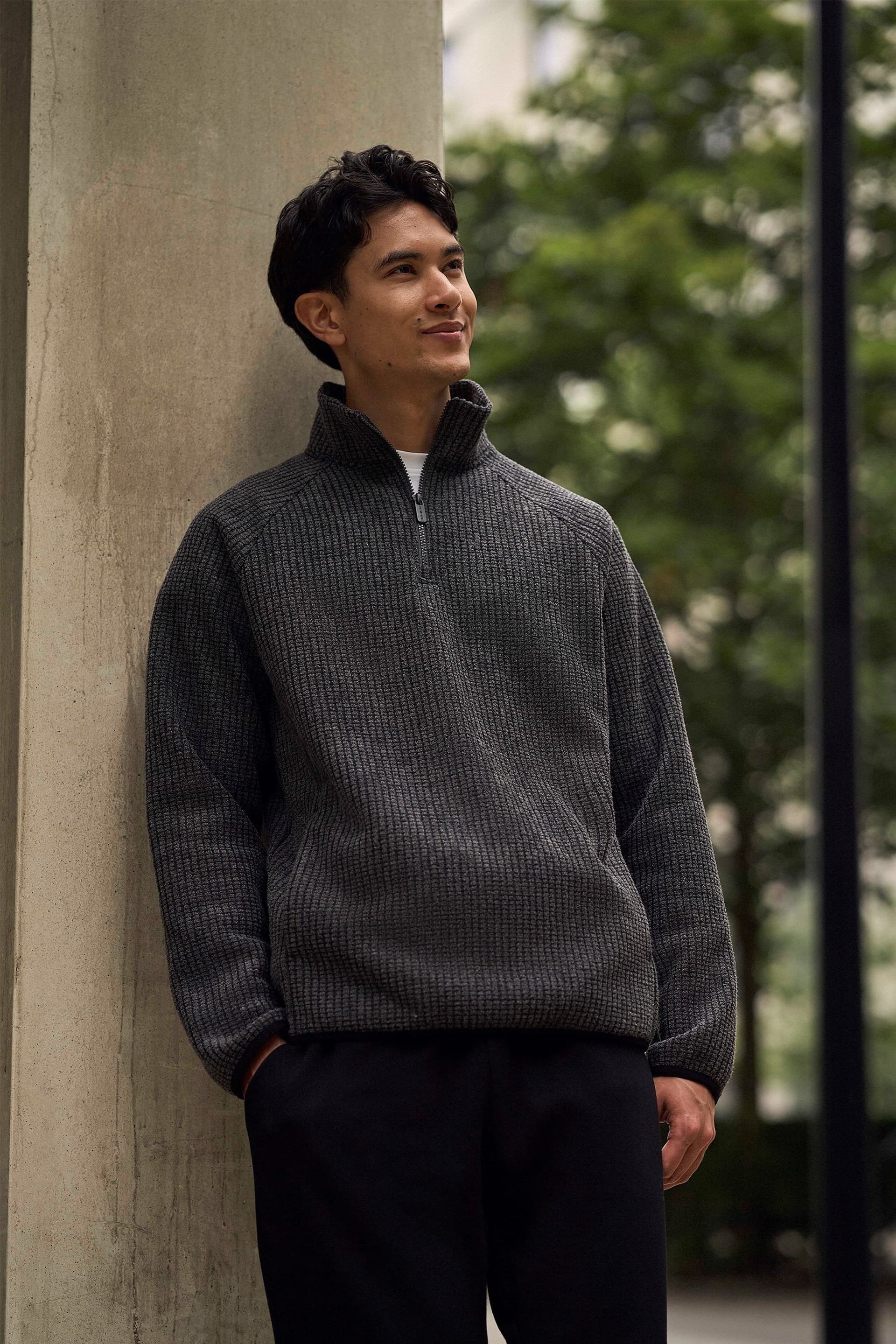 Animal Animal Men's Waffle Textured Warm Comfortable Casual Half Zip Outdoor Fleece Jumper in Charcoal