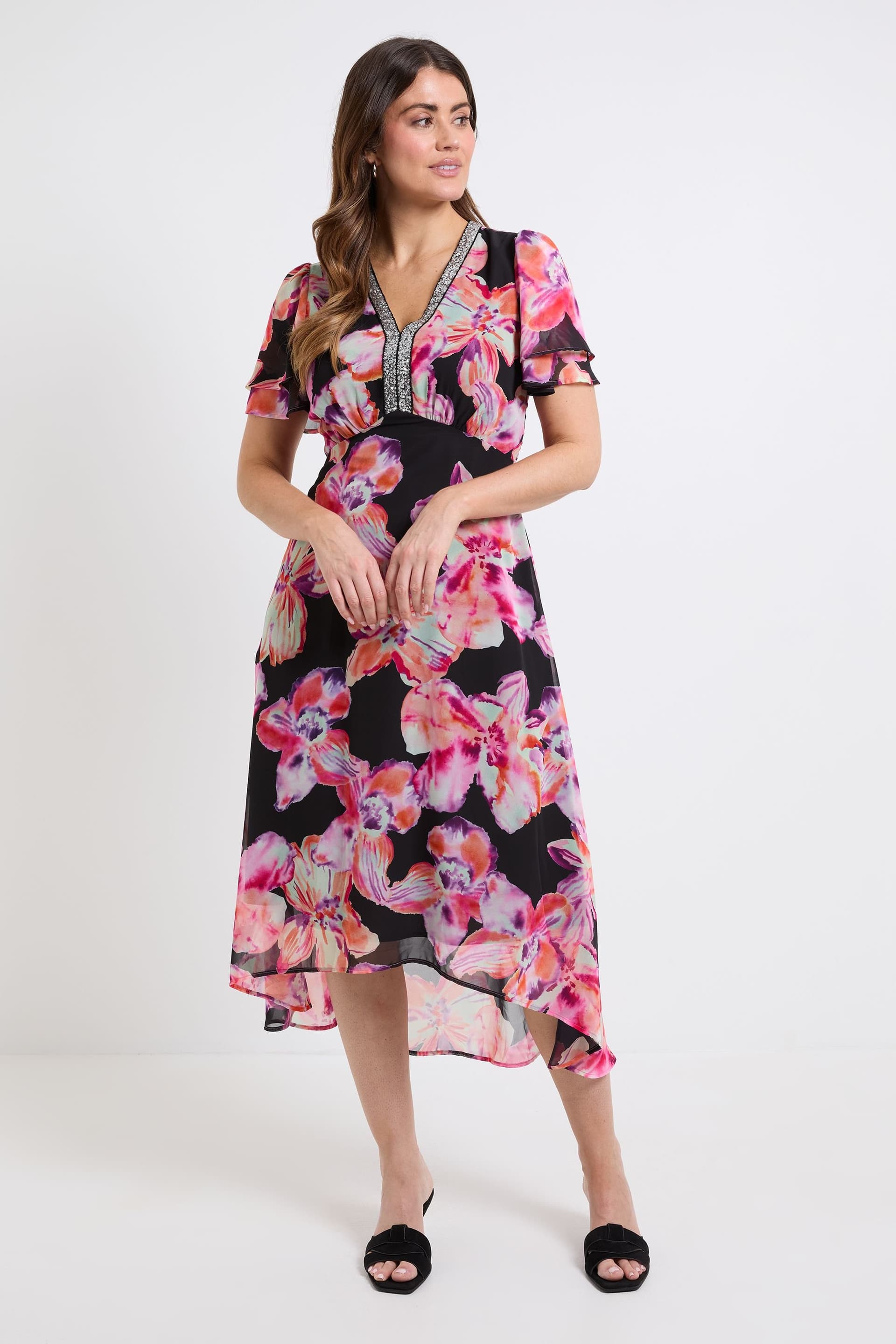 Wallis Wallis Women's Floral Chiffon Sequin Insert Midi Dress in Black