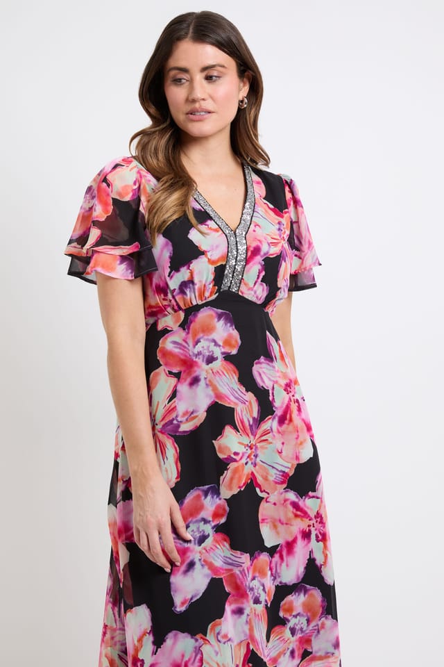 Wallis Wallis Women's Floral Chiffon Sequin Insert Midi Dress in Black - 2