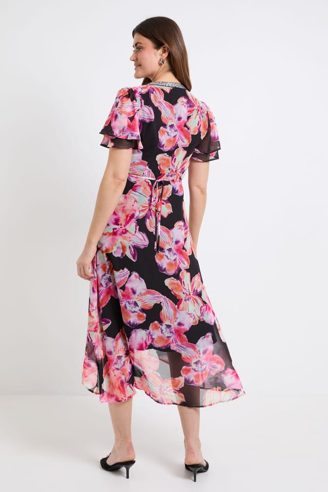 Wallis Wallis Women's Floral Chiffon Sequin Insert Midi Dress in Black - 3