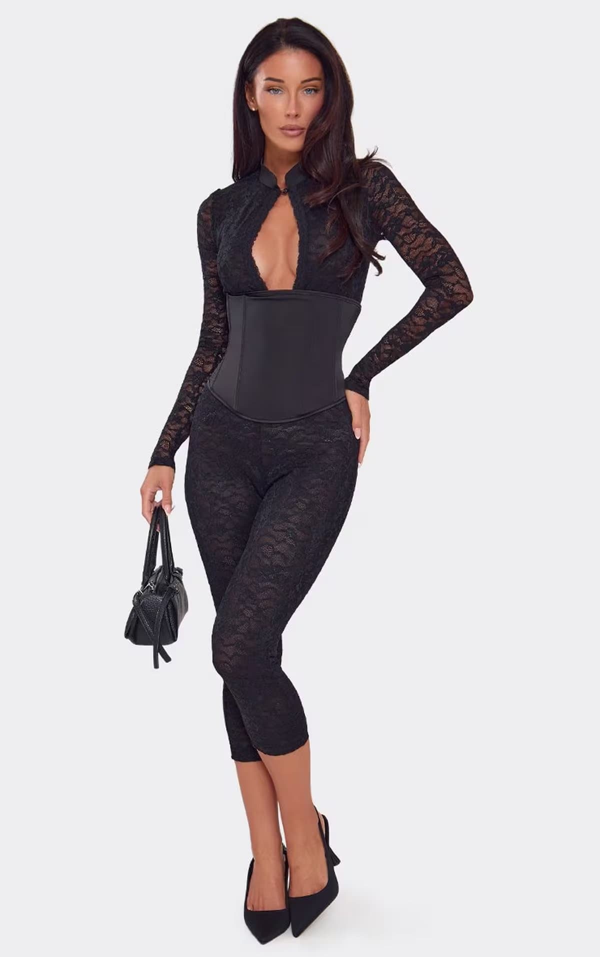 EGO Long Sleeve Keyhole Cut Out Corseted Waist Capri Jumpsuit In Black Lace, Women's Size UK 6