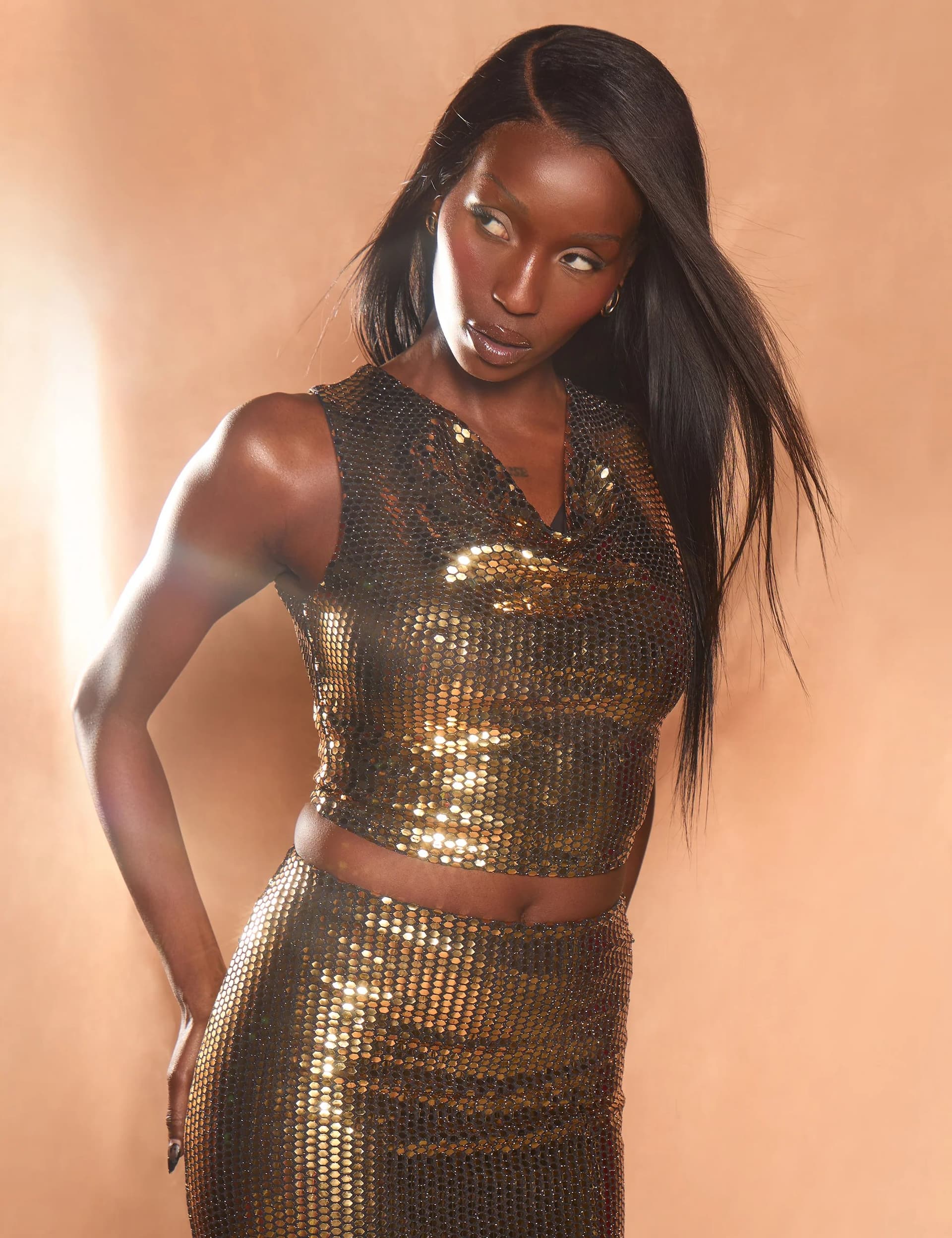 Public Desire Cowl Neck Sequin Top Gold