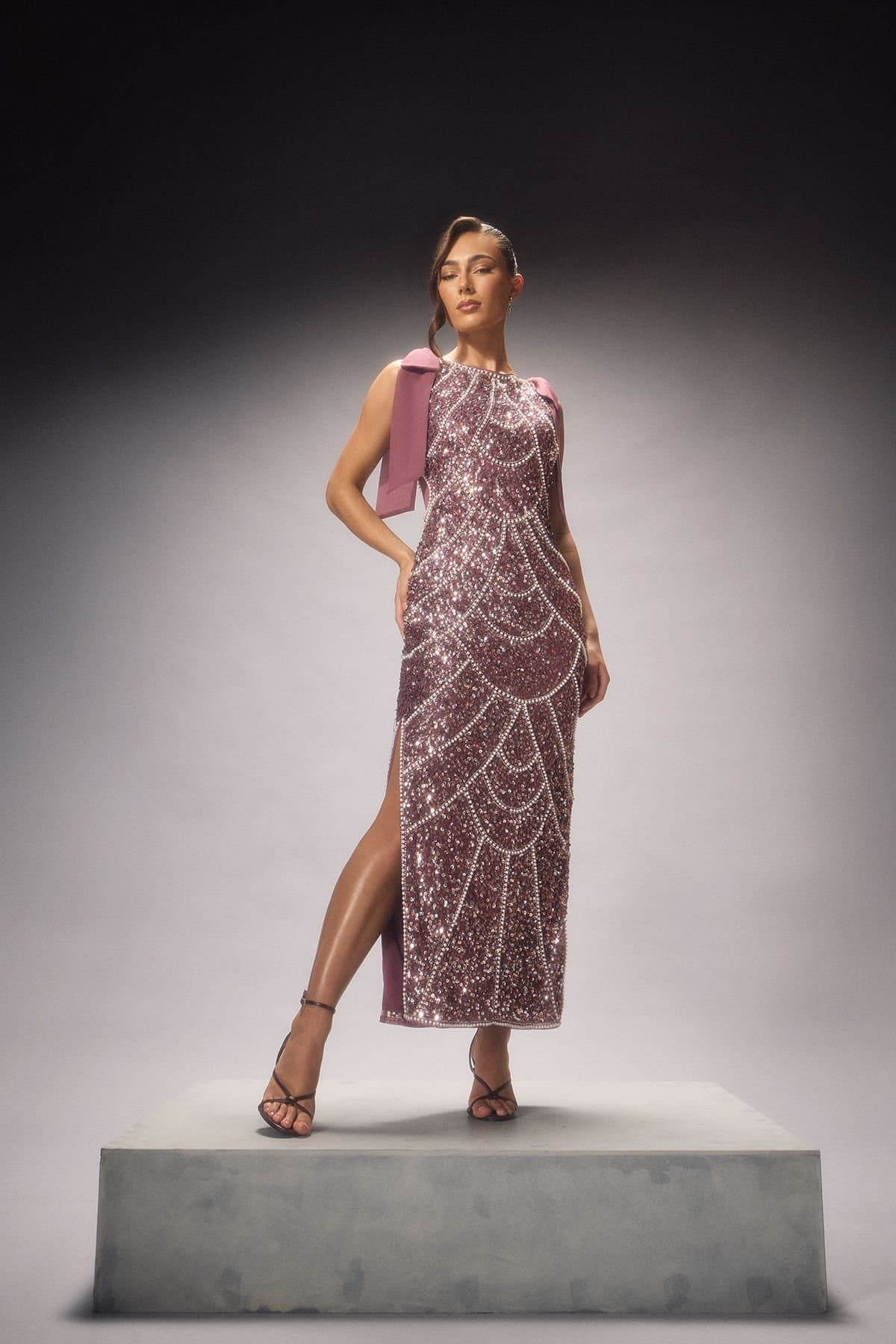 Coast Coast Women's Couture Embellished Maxi Dress With Mesh Panels & Bows in Rose Gold