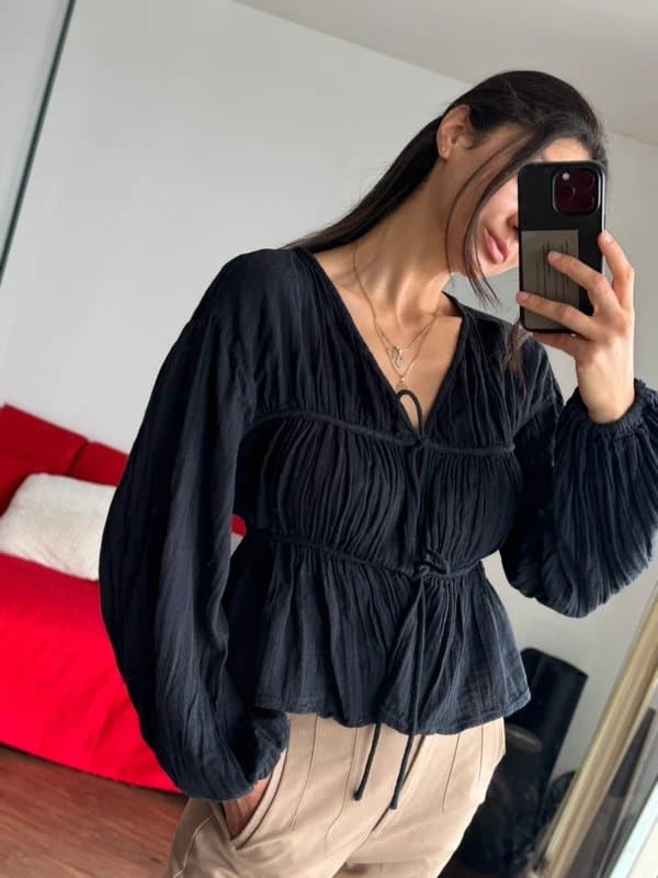 ASOS Design Asos design viscose tie front blouse with balloon sleeves
