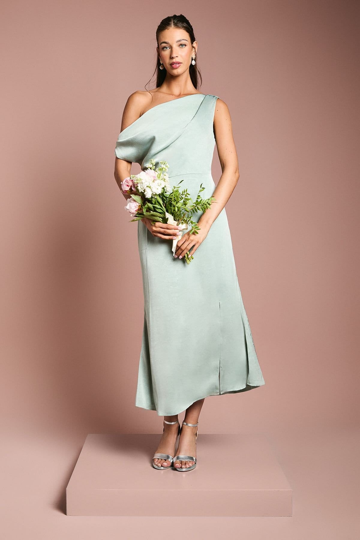 Oasis Sage Satin One-Shoulder Bridesmaid Midi Dress