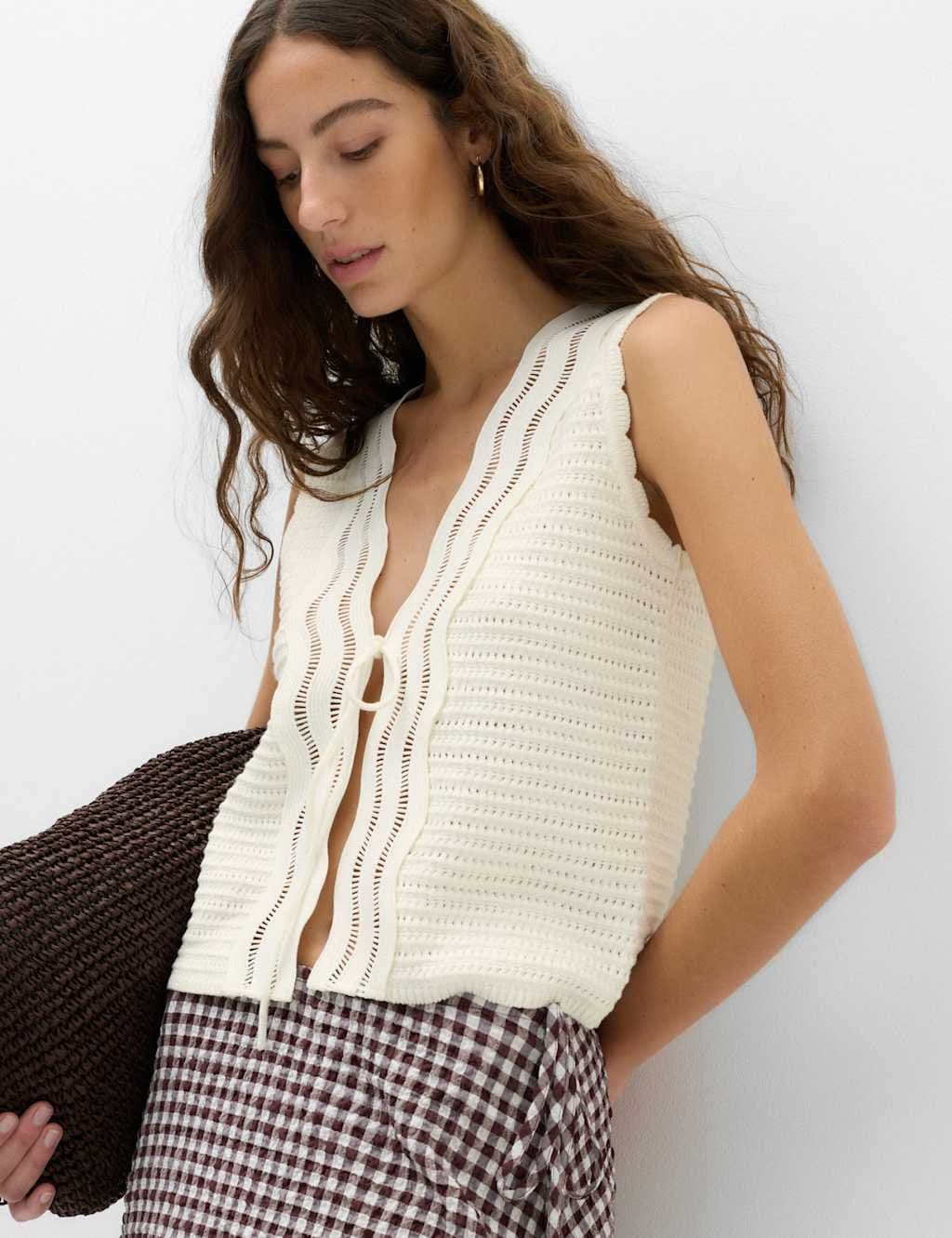 Marks & Spencer M&S Cotton Rich Lace Detail Knitted Waistcoat Light Cream