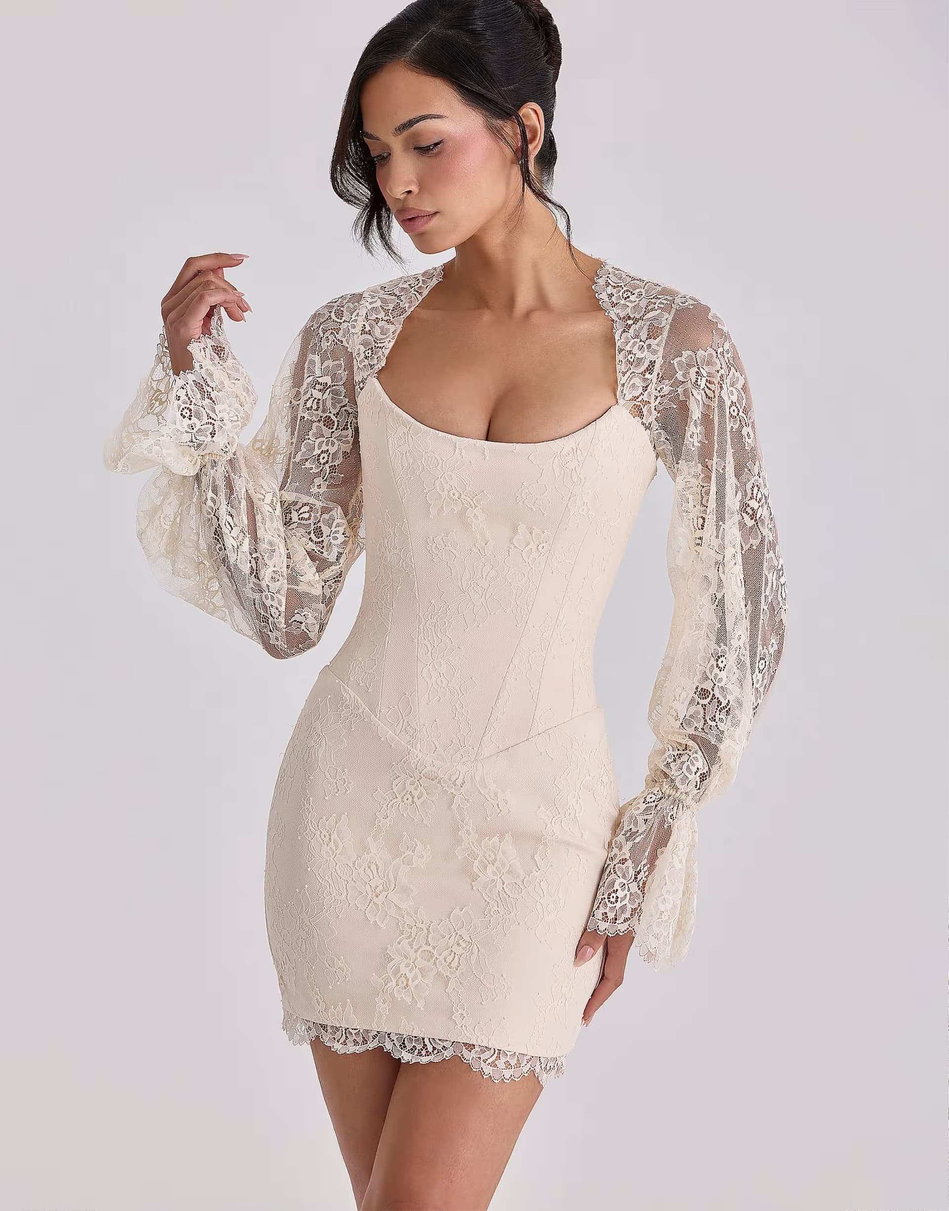 ASOS House of CB Aliana vintage ivory lace long sleeve mini corset dress in ivory