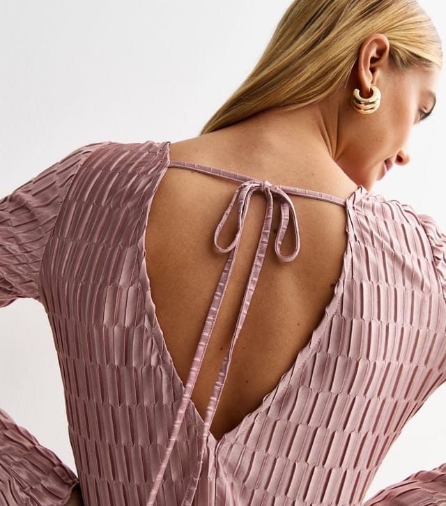 New Look Women's Pink Plisse Tie Back Long Sleeve Mini Dress New Look - 3
