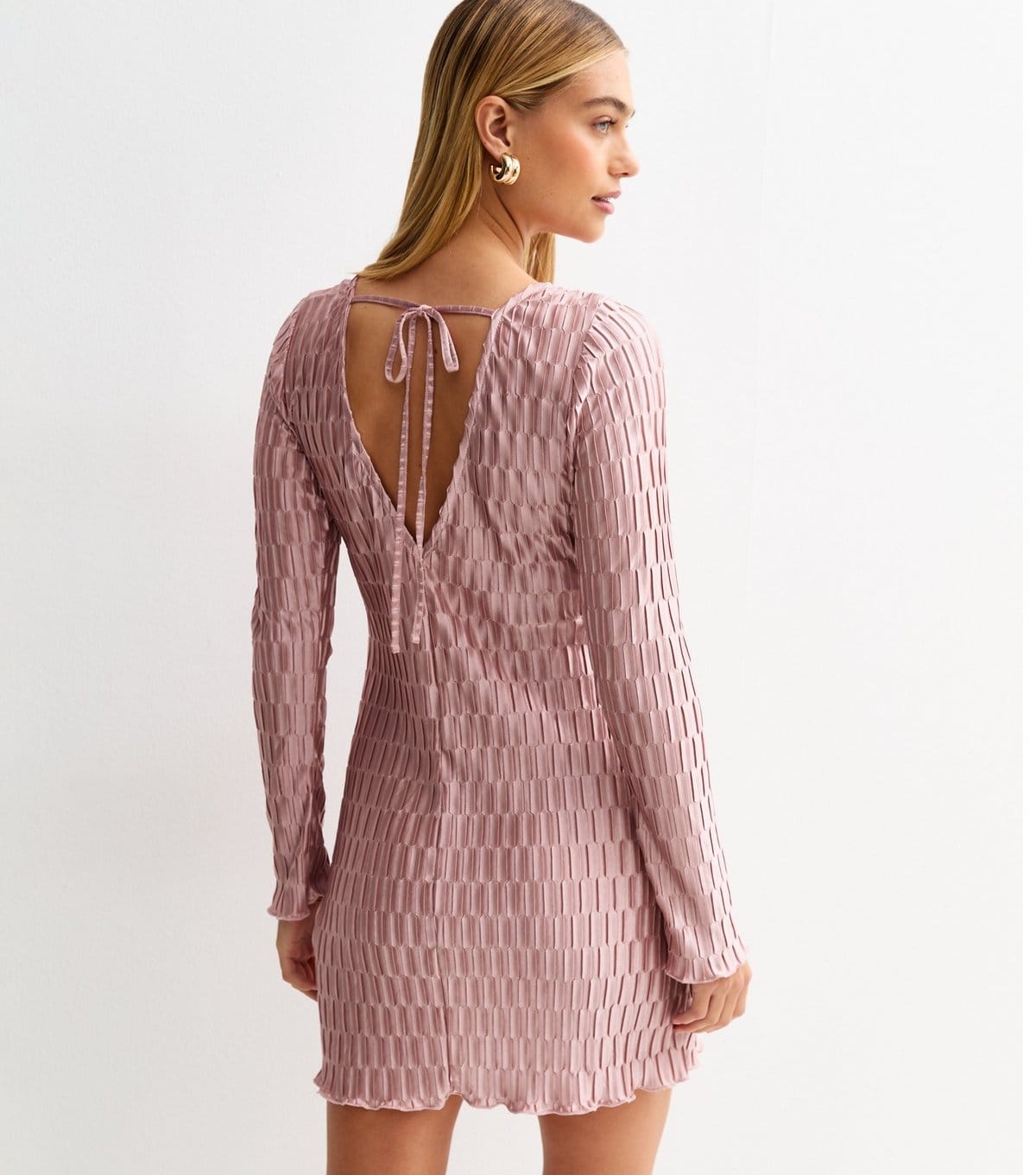 New Look Women's Pink Plisse Tie Back Long Sleeve Mini Dress New Look - 4
