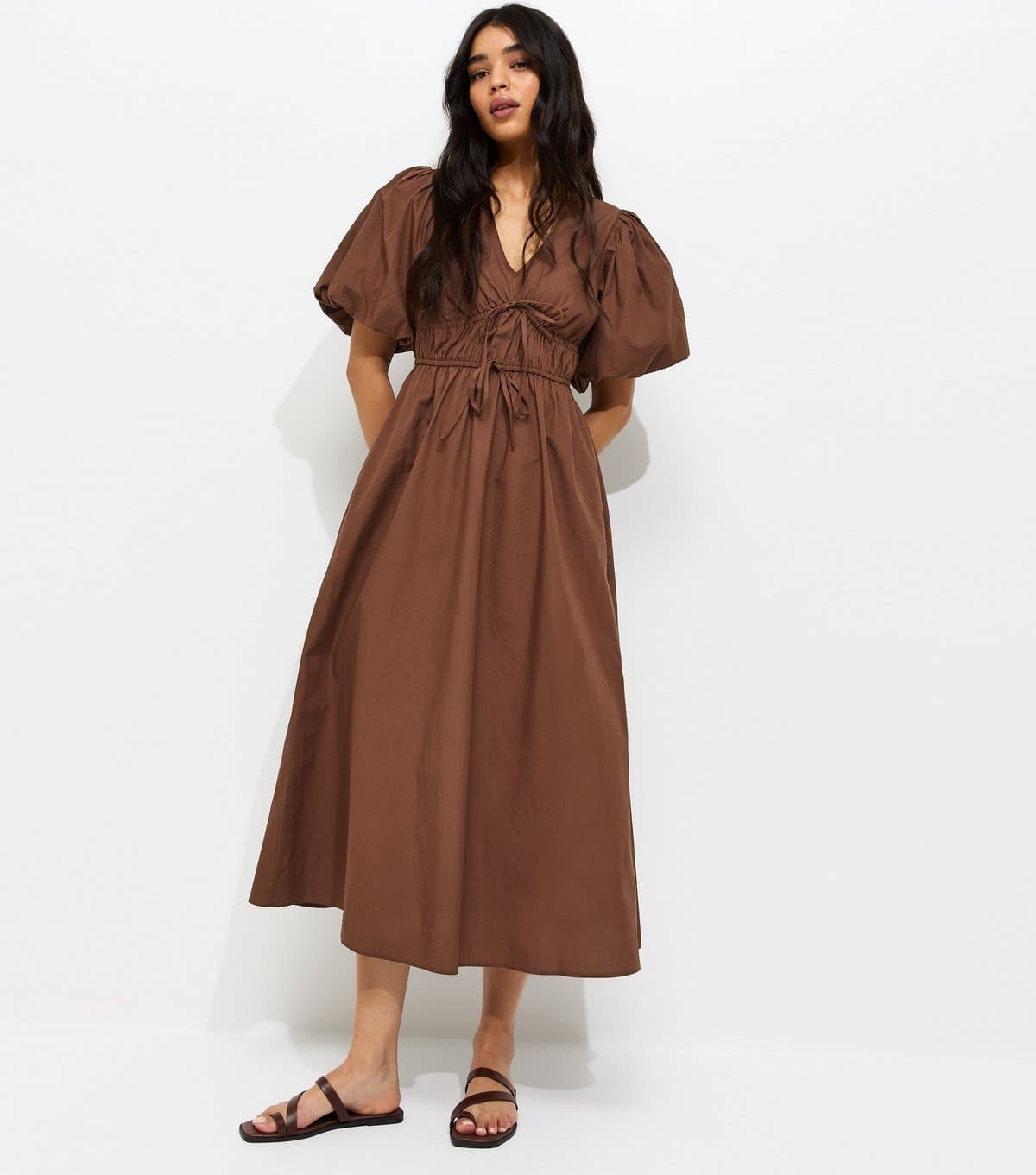 New Look Women's Dark Brown Cotton Puff Sleeve Midi Dress New Look