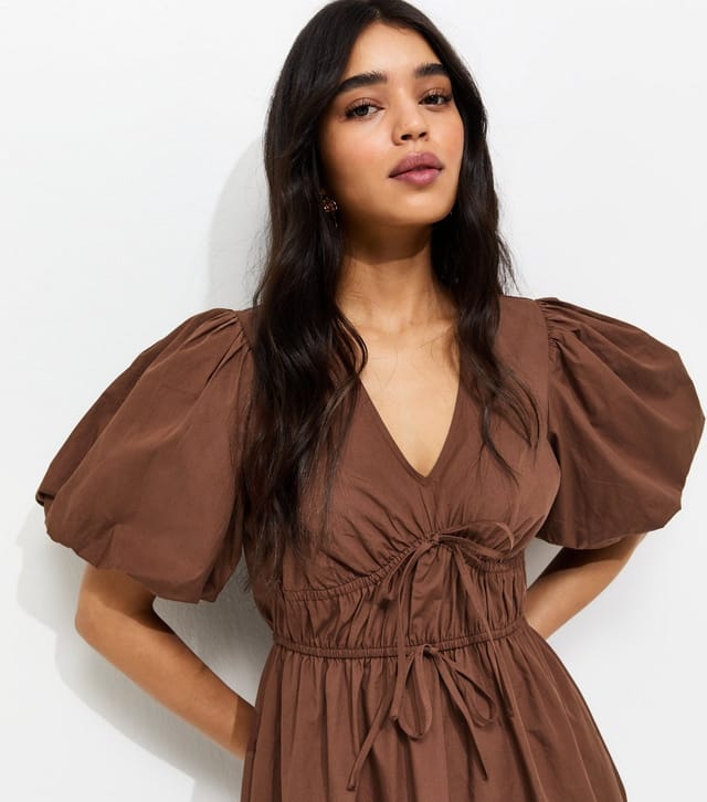 New Look Women's Dark Brown Cotton Puff Sleeve Midi Dress New Look - 2
