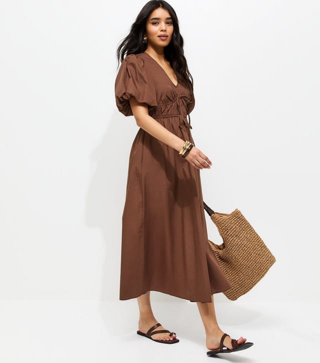 New Look Women's Dark Brown Cotton Puff Sleeve Midi Dress New Look - 3