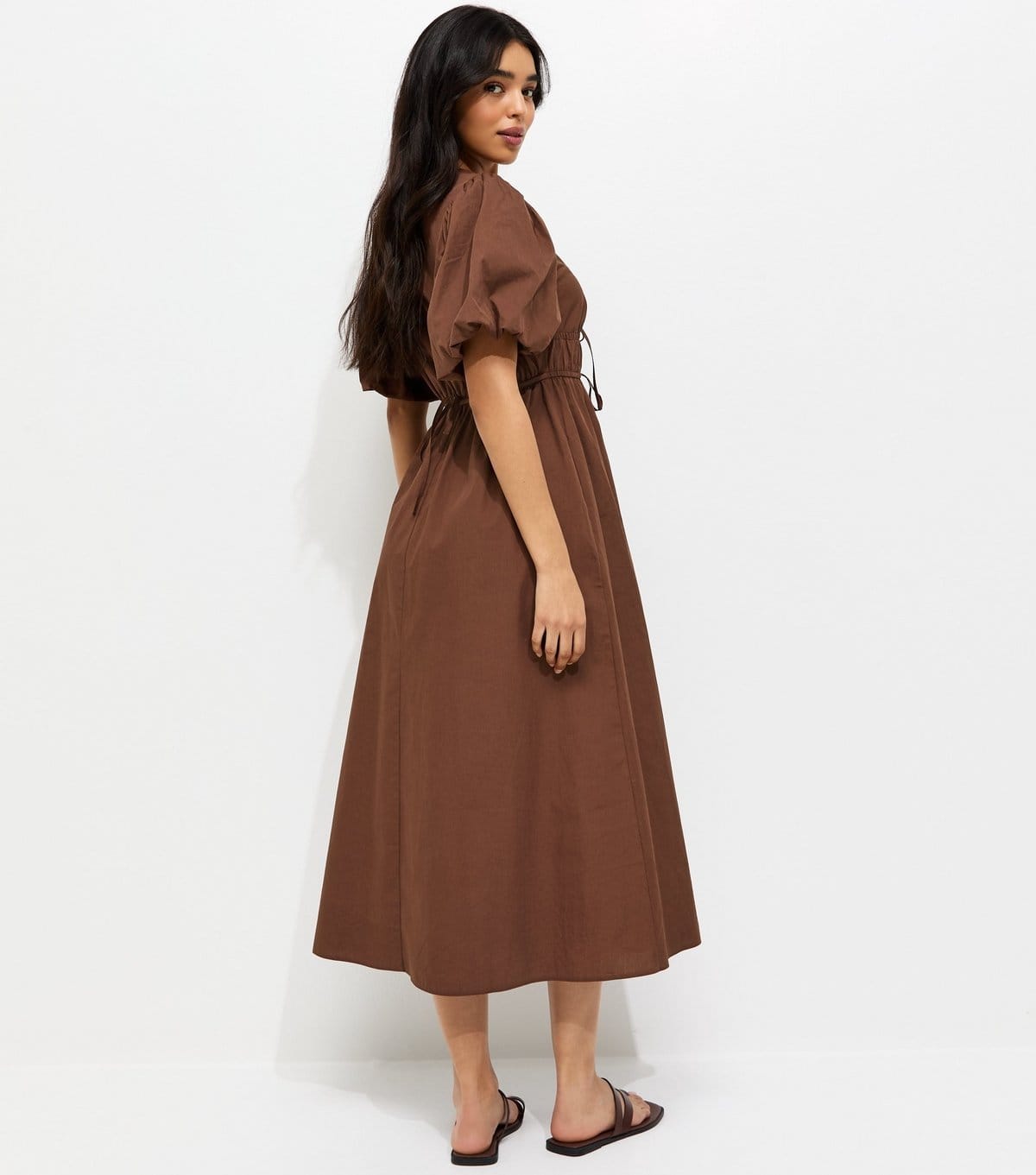 New Look Women's Dark Brown Cotton Puff Sleeve Midi Dress New Look - 4