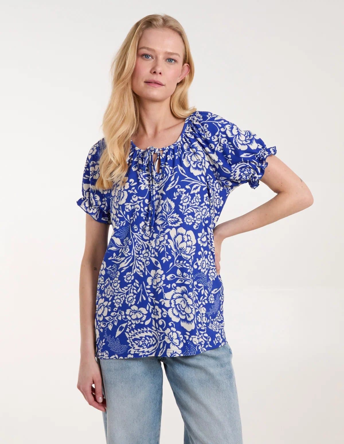 Blue Vanilla Shirred Sleeve Tie Front Top