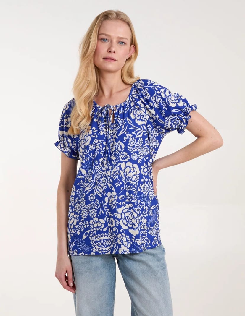 Blue Vanilla Shirred Sleeve Tie Front Top - 1