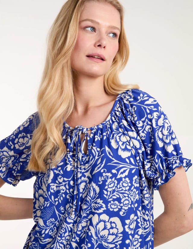 Blue Vanilla Shirred Sleeve Tie Front Top - 2