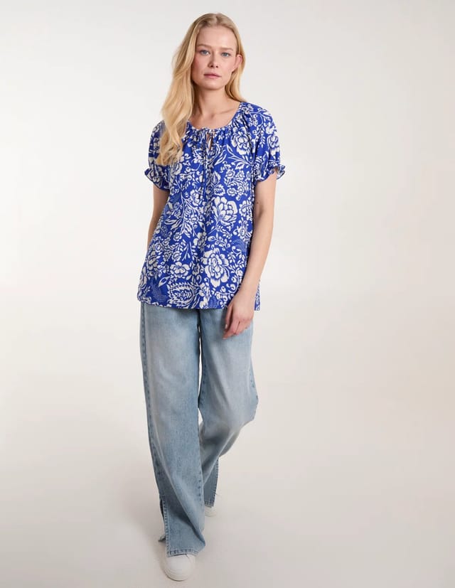 Blue Vanilla Shirred Sleeve Tie Front Top - 3