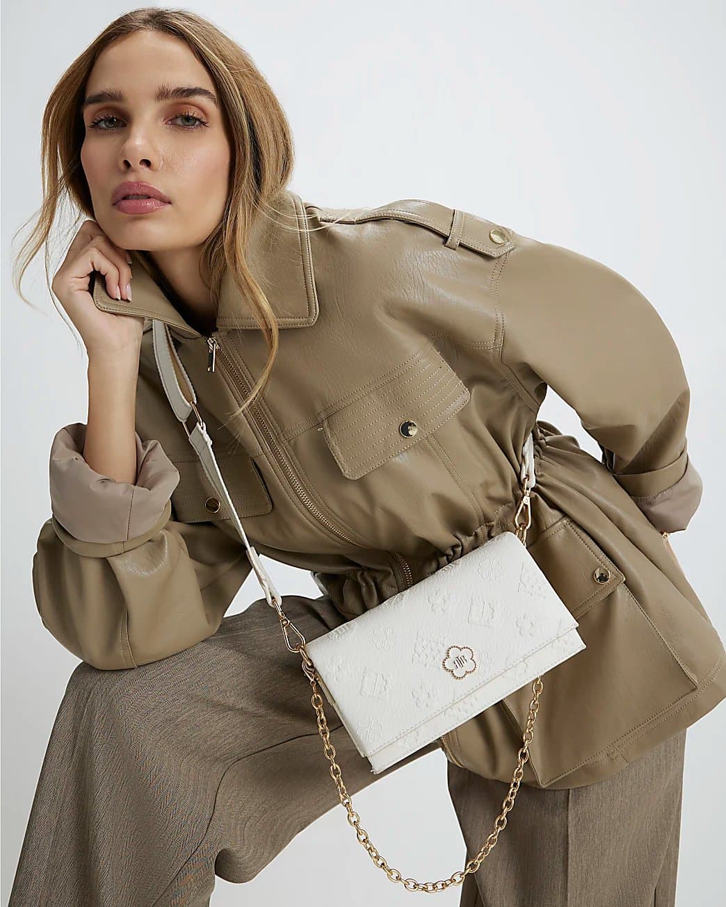 River Island River Island Womens Cream Embossed Monogram Cross Body Bag