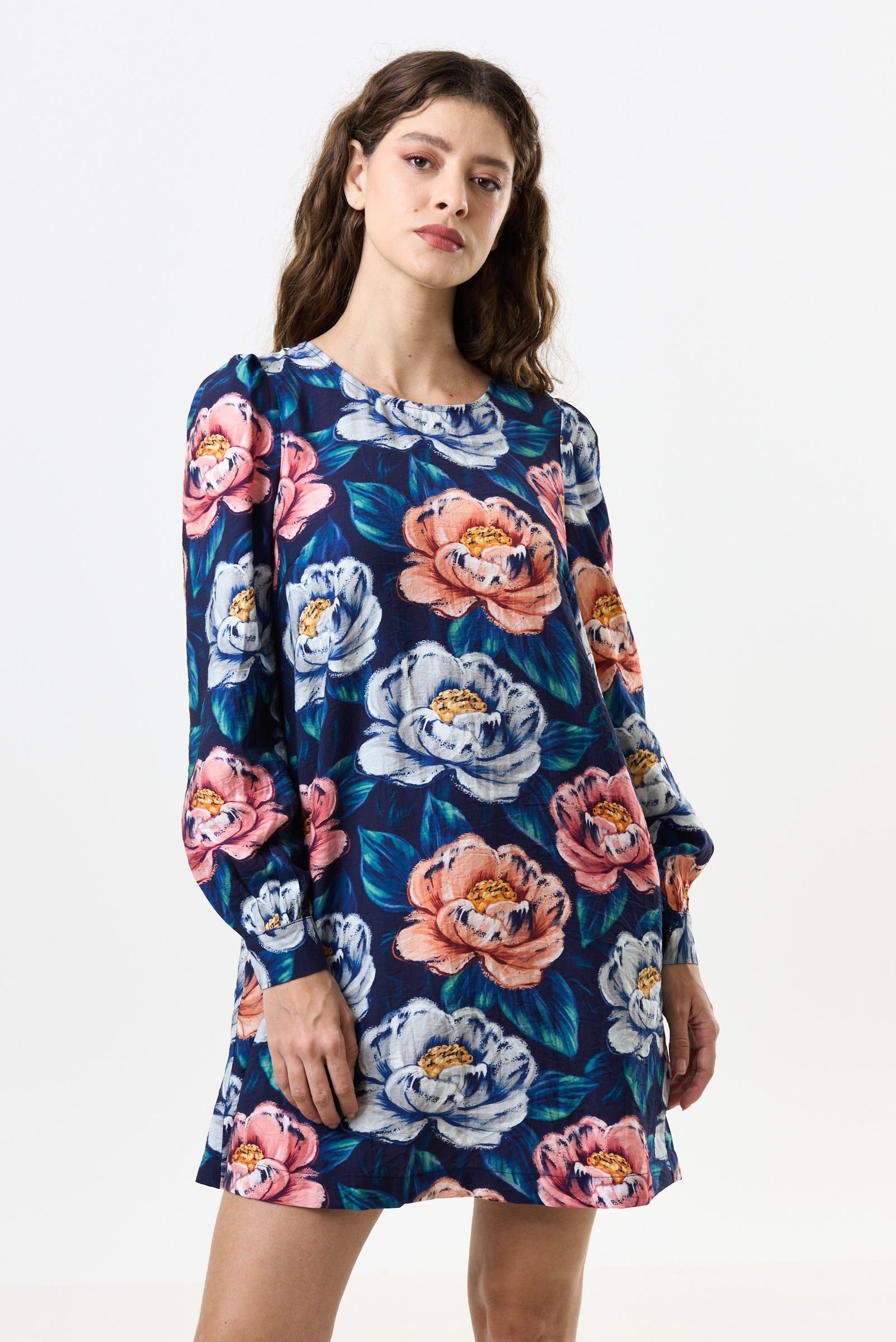 Louche Louche Women's Didee Peonies Long Sleeve A-line Mini Dress - Navy in Blue - 2