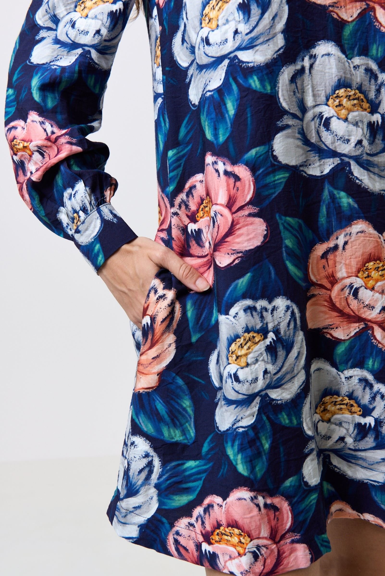 Louche Louche Women's Didee Peonies Long Sleeve A-line Mini Dress - Navy in Blue - 4