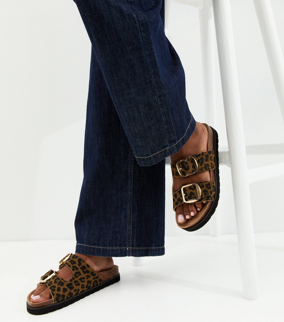 New Look Women's Brown Animal Print Cork Sole Double Strap Mule Sandals Vegan New Look - 2