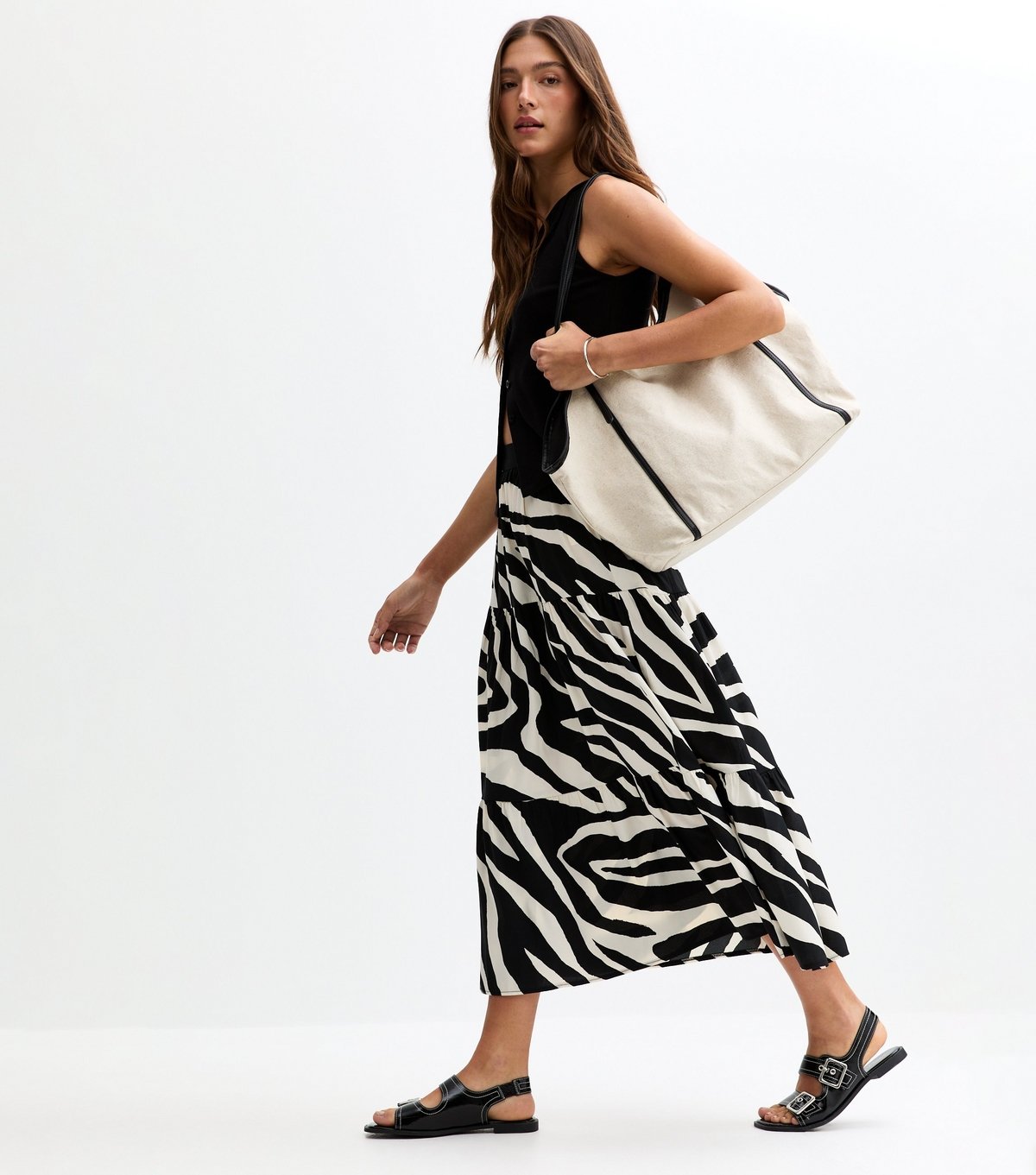 New Look Women's Black Zebra Print Tiered Crepe Midi Skirt New Look - 3