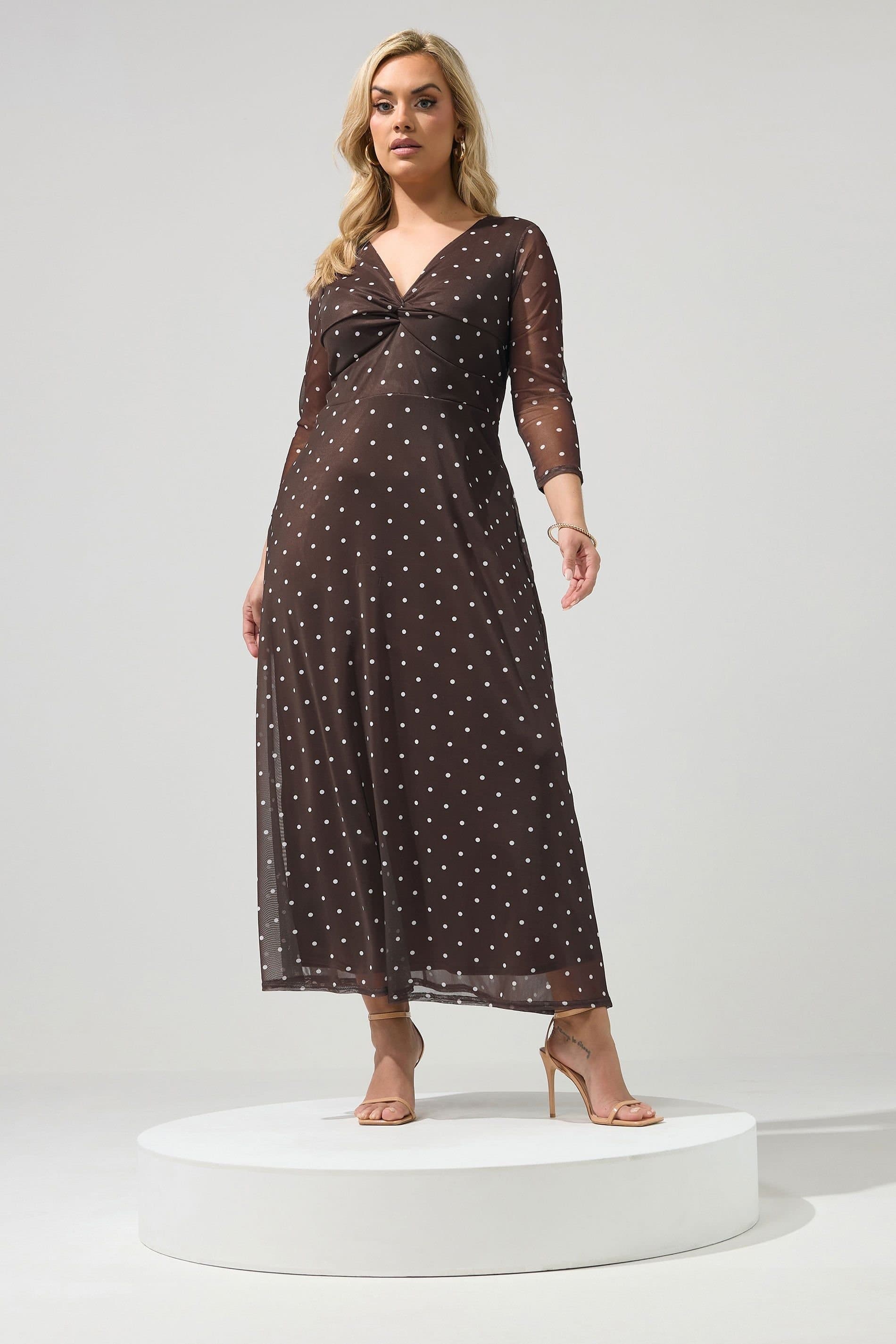 Yours Yours Women's Polka Dot Knot Front Dress in Chocolate