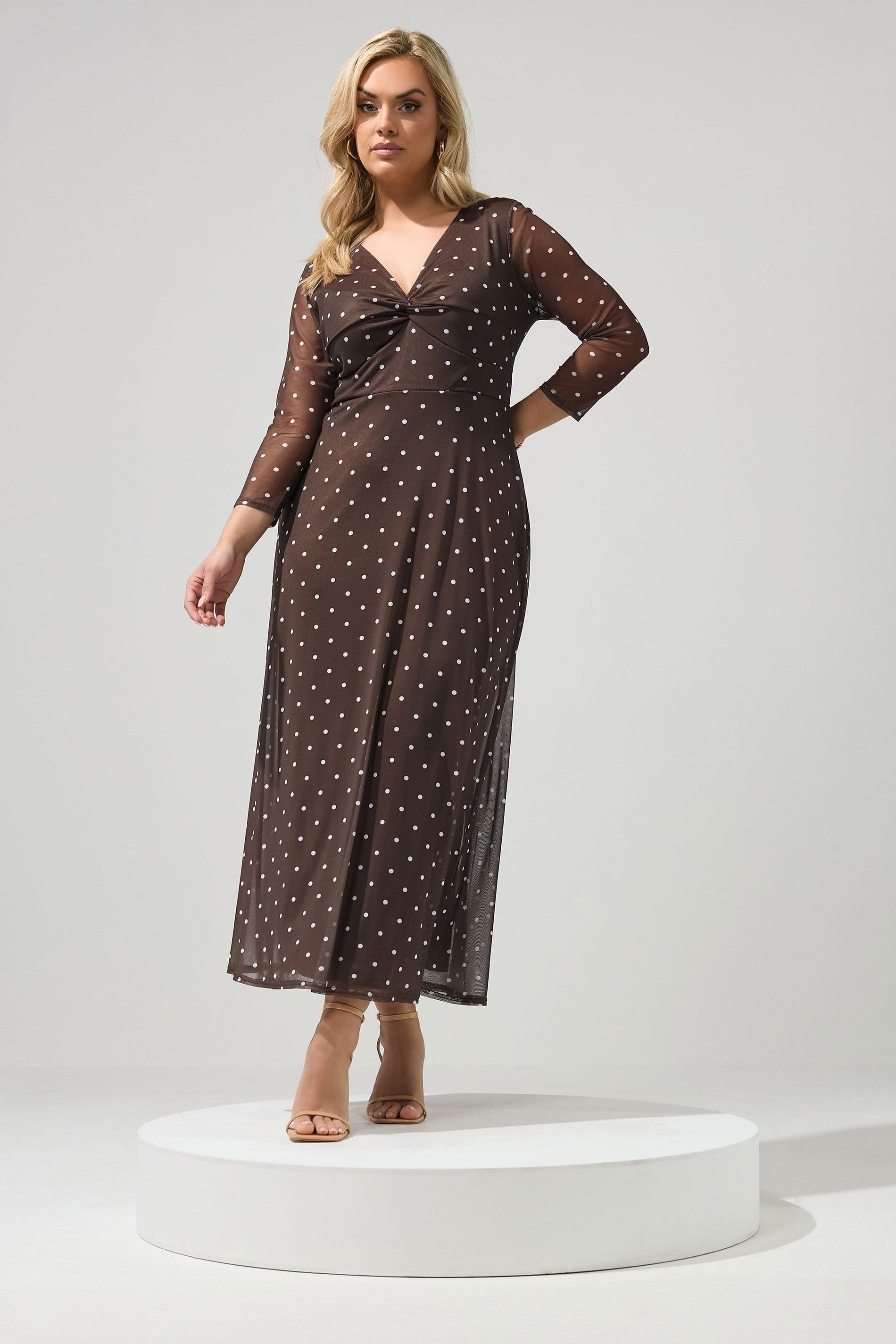 Yours Yours Women's Polka Dot Knot Front Dress in Chocolate - 4