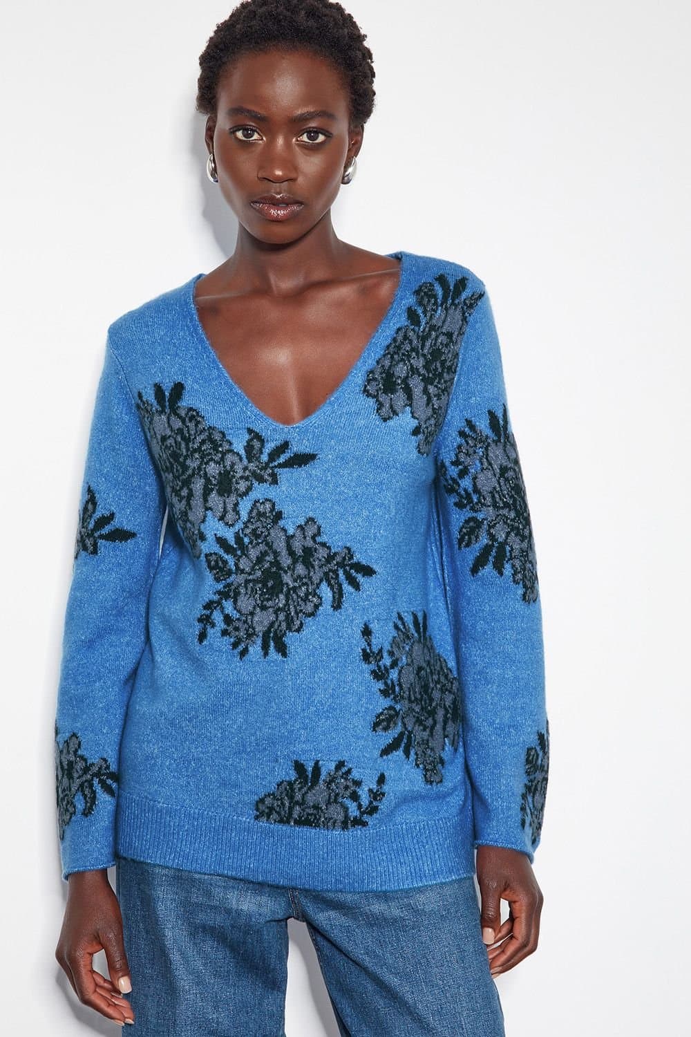 Monsoon Monsoon Women's Jess V-Neck Floral Jacquard Jumper Blue