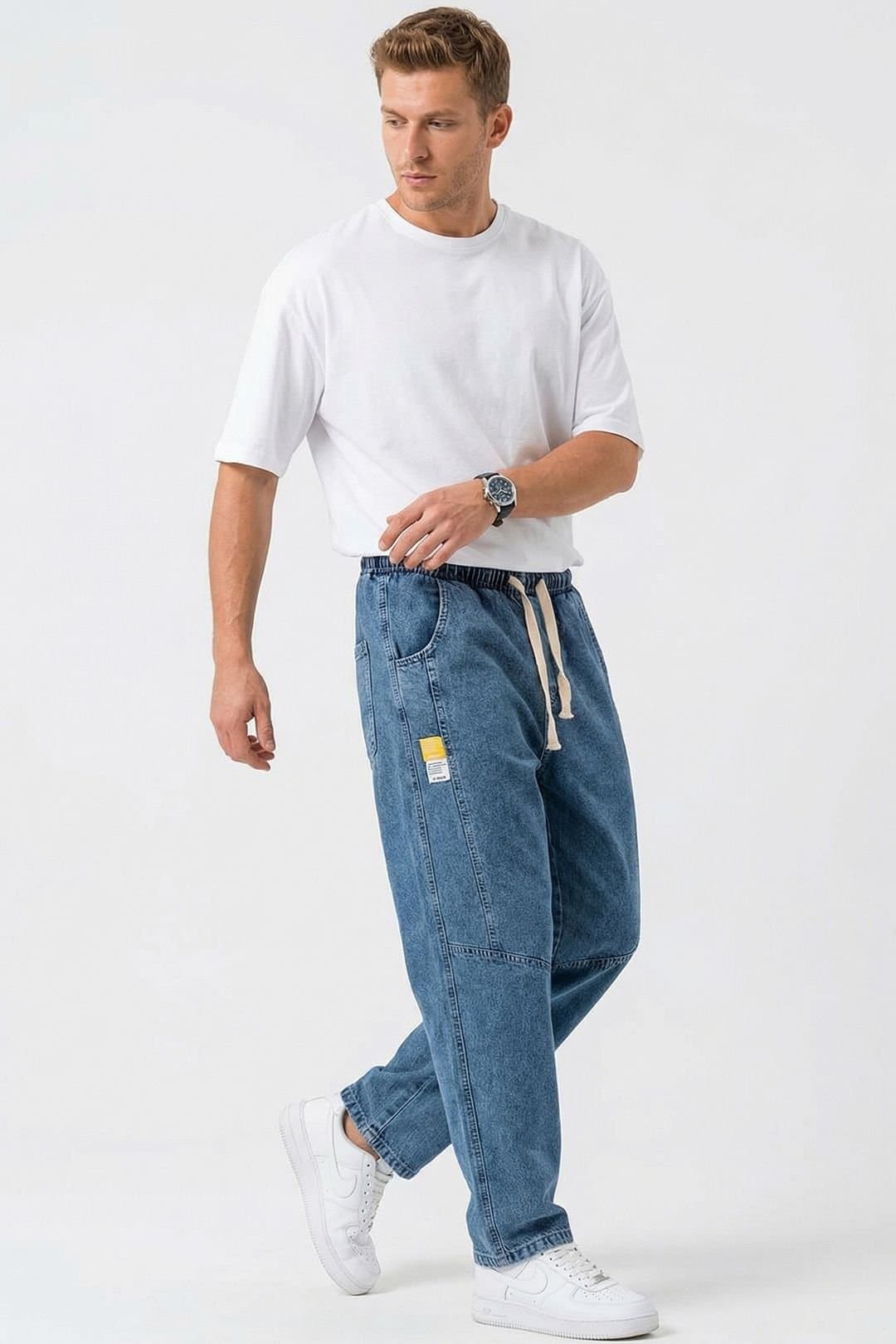 Big Dart Big Dart Men's Baggy Denim Pants with Drawstring Waist in Mid Blue