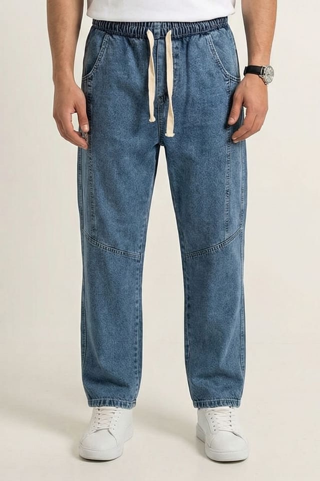 Big Dart Big Dart Men's Baggy Denim Pants with Drawstring Waist in Mid Blue - 2