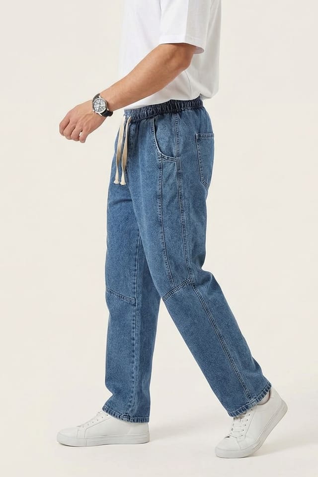 Big Dart Big Dart Men's Baggy Denim Pants with Drawstring Waist in Mid Blue - 3