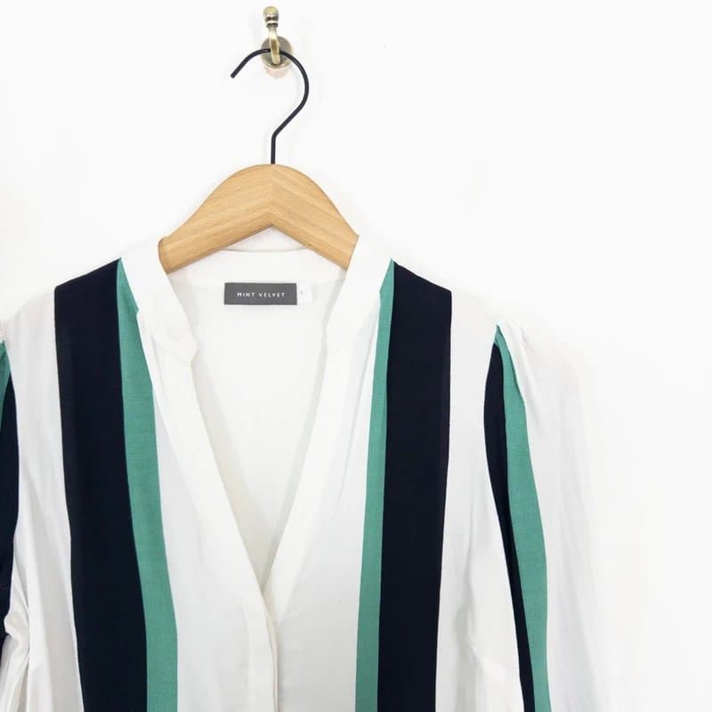 Mint Velvet Mint Velvet Striped V Neck Blouse Size 8 White Black Green Top Shirt