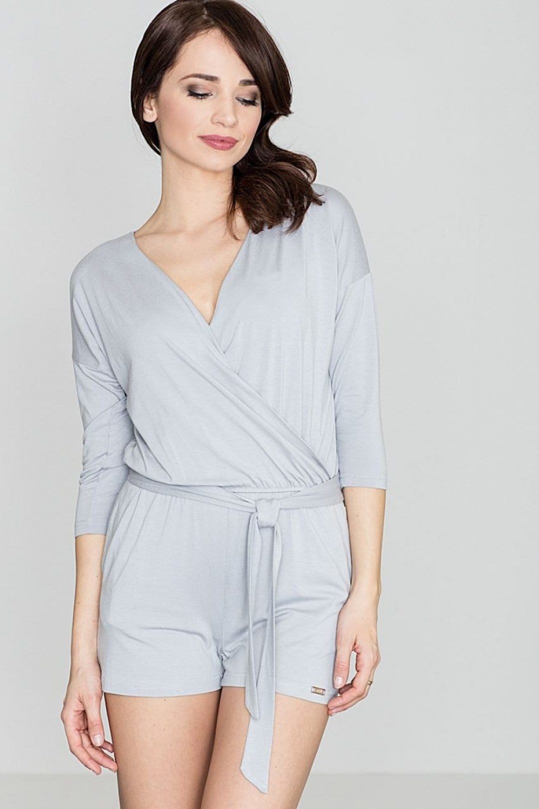 Love Lace Love Lace Women's Knit Overalls with Deep V Tie Belt Short in Grey - 1
