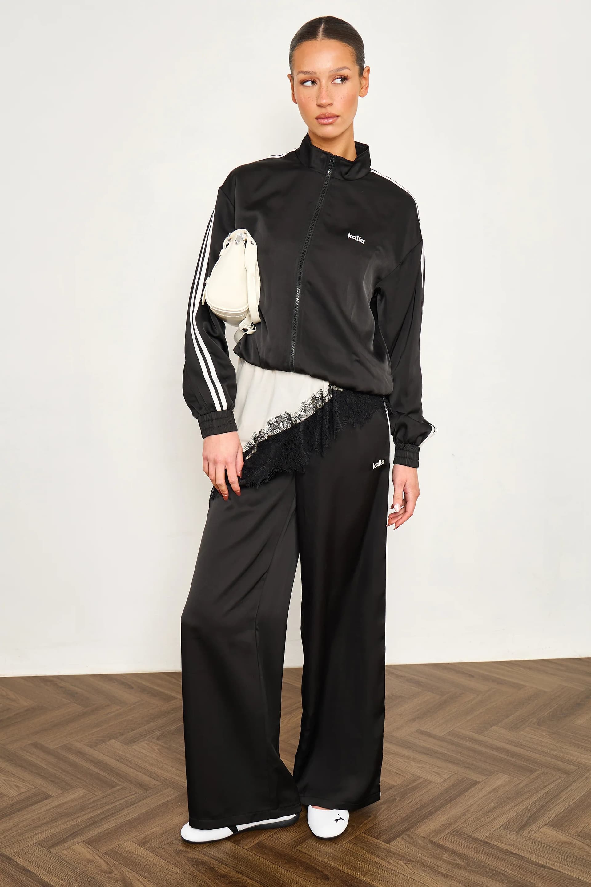 Kaiia Kaiia Satin Side Stripe Wide Leg Trousers Black & White