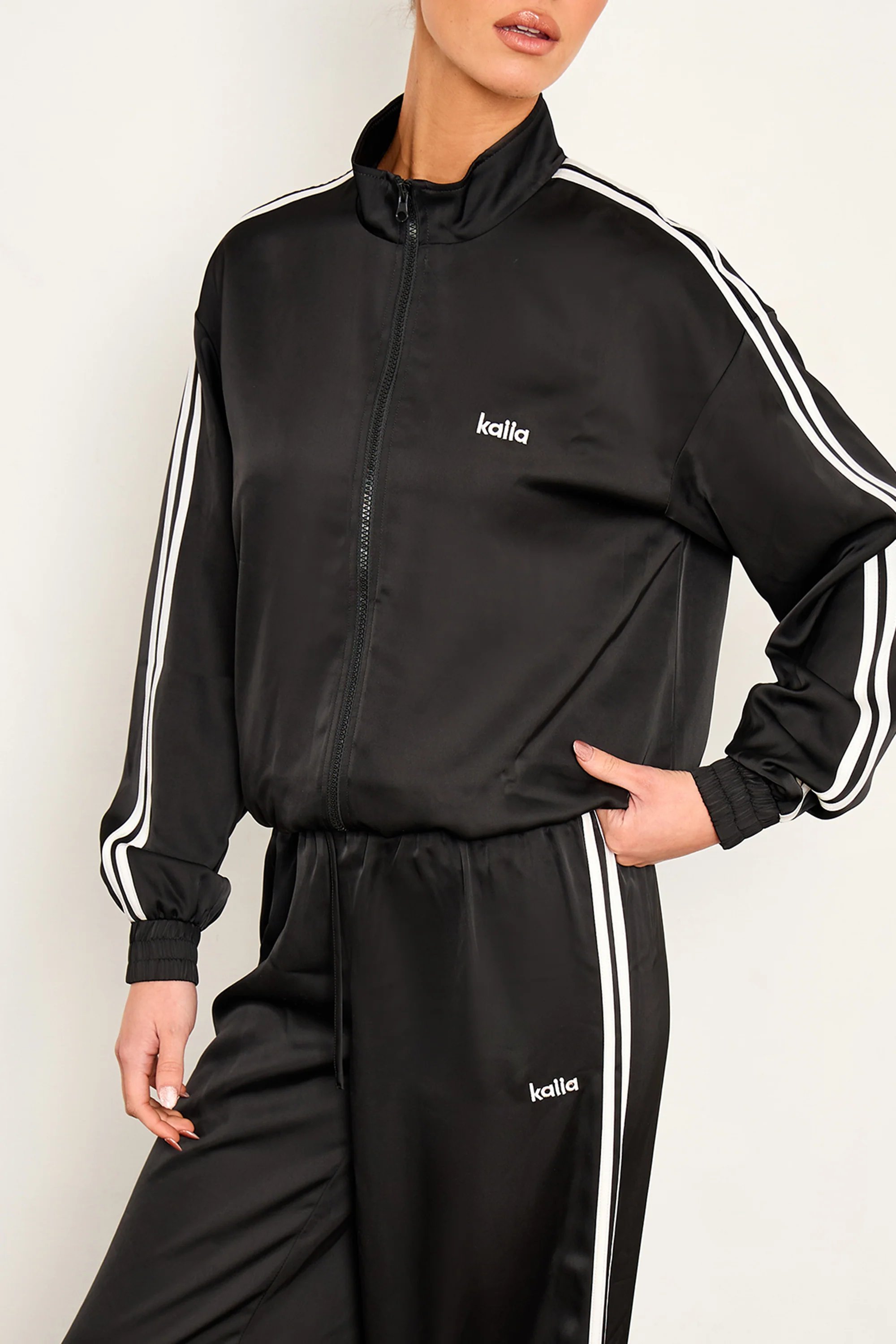 Kaiia Kaiia Satin Side Stripe Wide Leg Trousers Black & White - 2