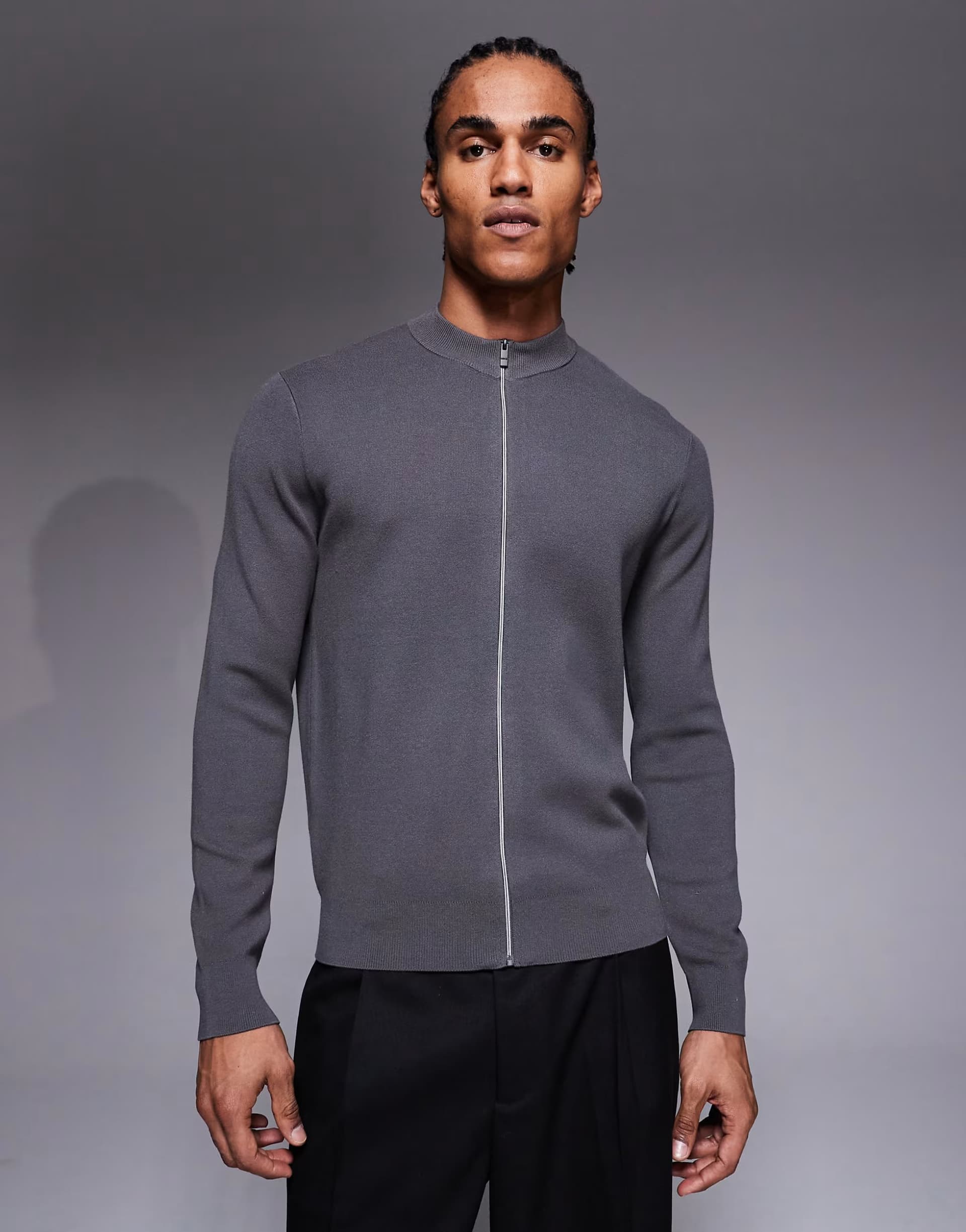ASOS Mango performance comfort stretch zip through knitted sweater in charcoal
