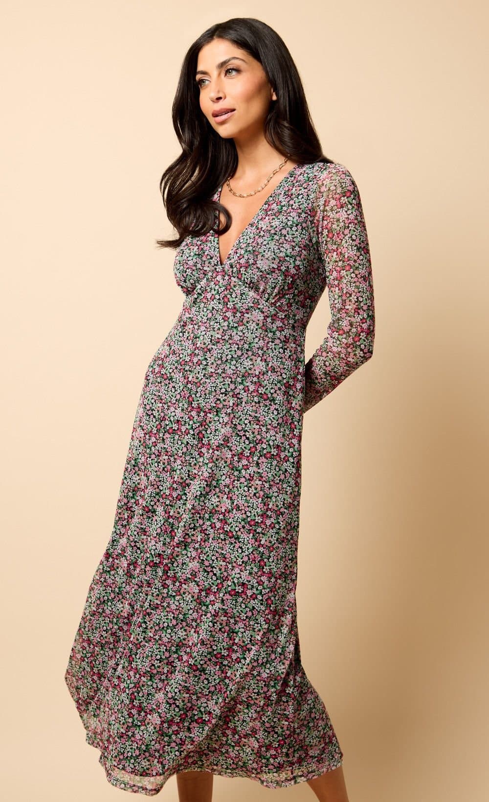 Little Mistress Little Mistress Women's Saffron & Amber Ditsy Floral Print Midi Dress