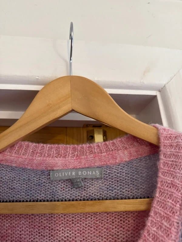 Oliver Bonas Oliver Bonas Pink & Lilac Purple Stripe Wool Blend Button Up Front Crew Neck Knitted Cardigan