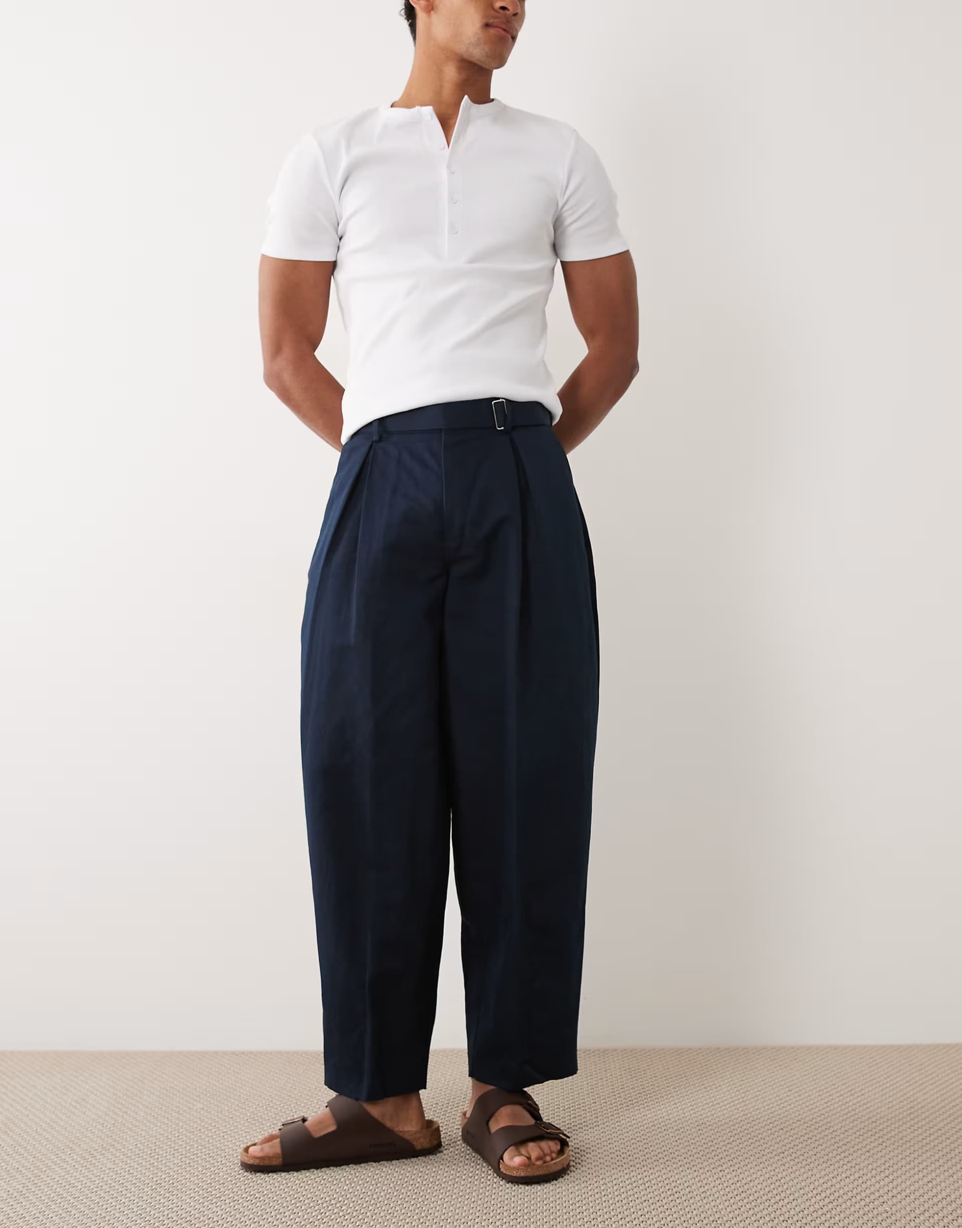ASOS ASOS DESIGN linen rich tailored belted wide barrel leg trousers in navy