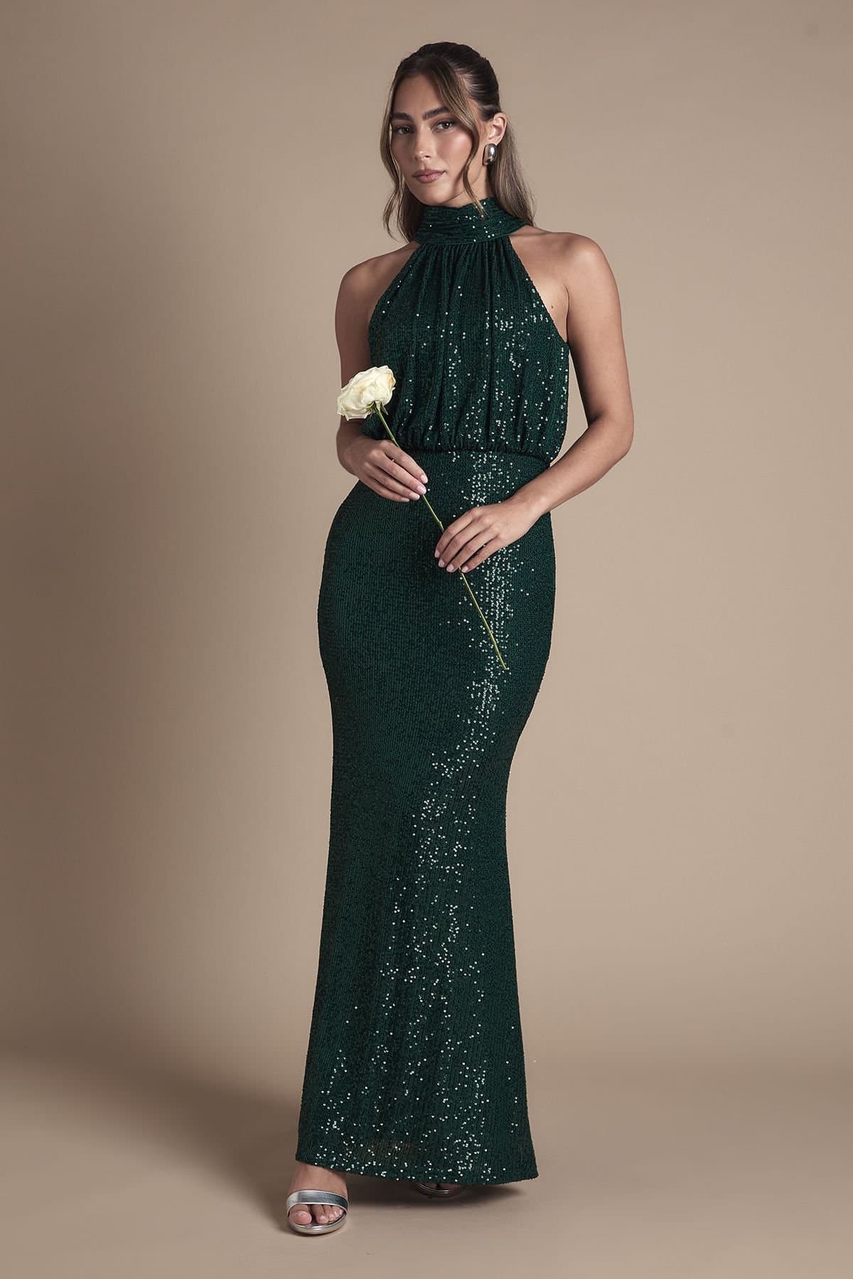 Coast Coast Women's Halterneck Sequin Bridesmaid Maxi Dress in Emerald