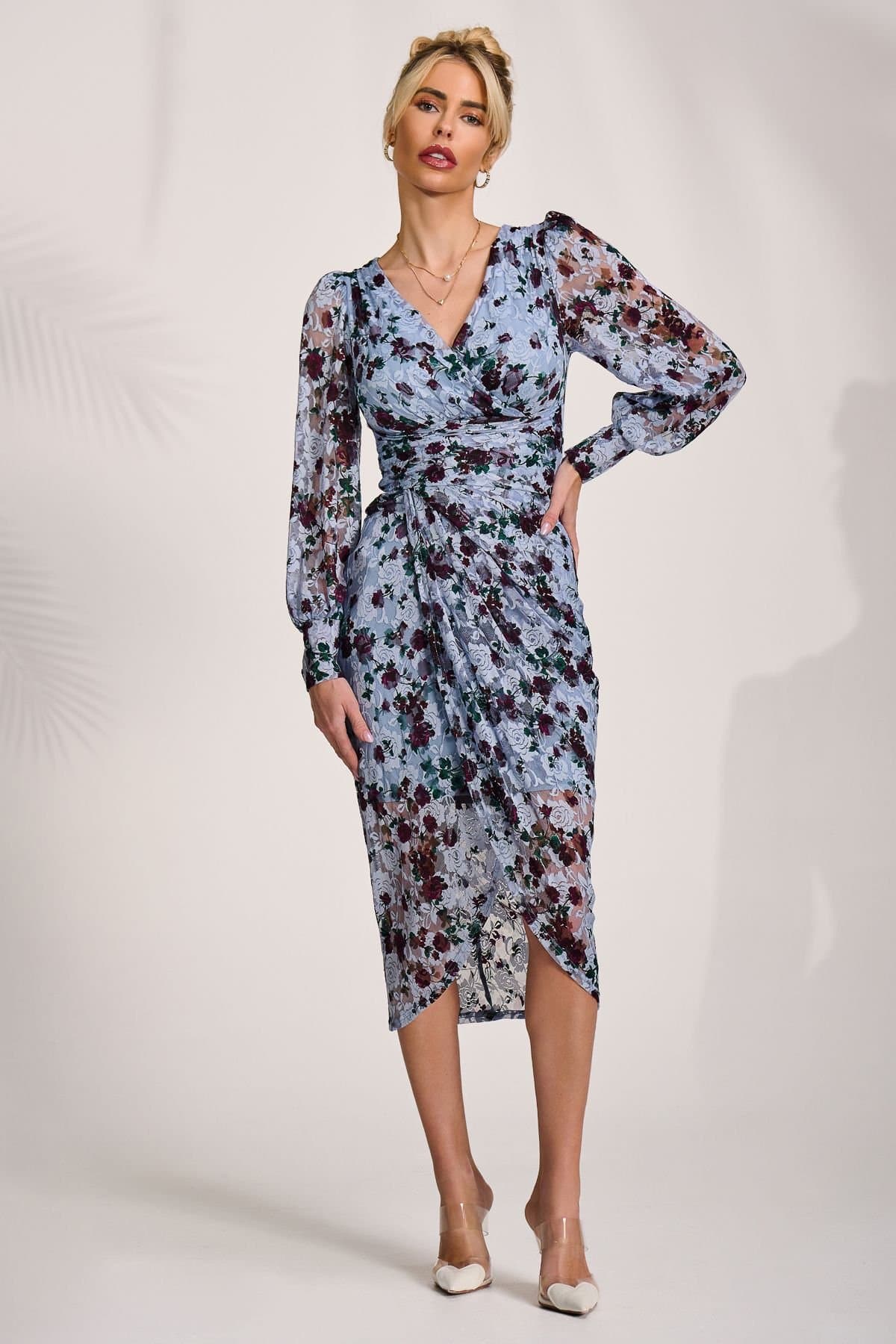 Jolie Moi Jolie Moi Women's Lace Long Sleeve Ruched Bodycon Dress in Blue