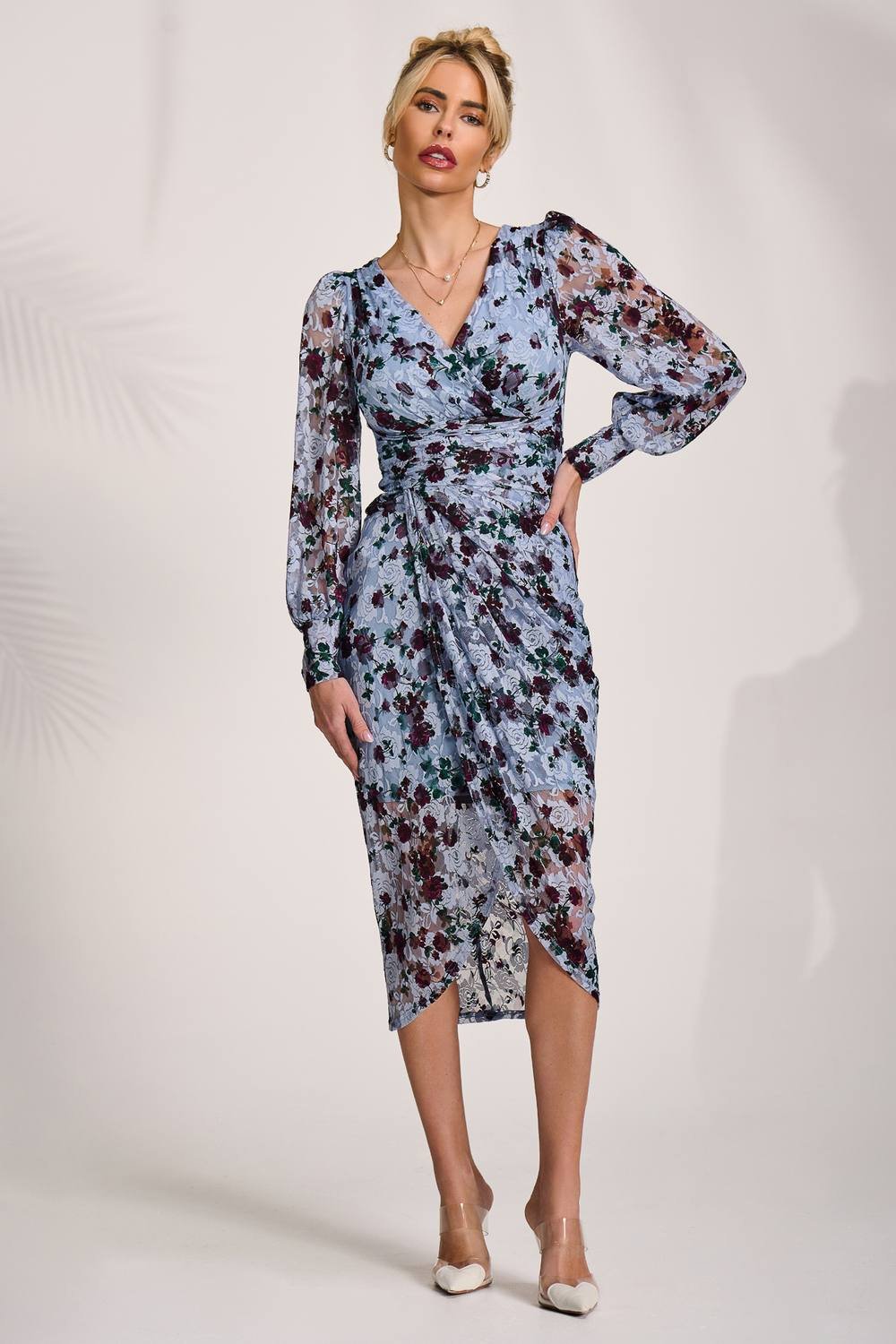 Jolie Moi Jolie Moi Women's Lace Long Sleeve Ruched Bodycon Dress in Blue - 3